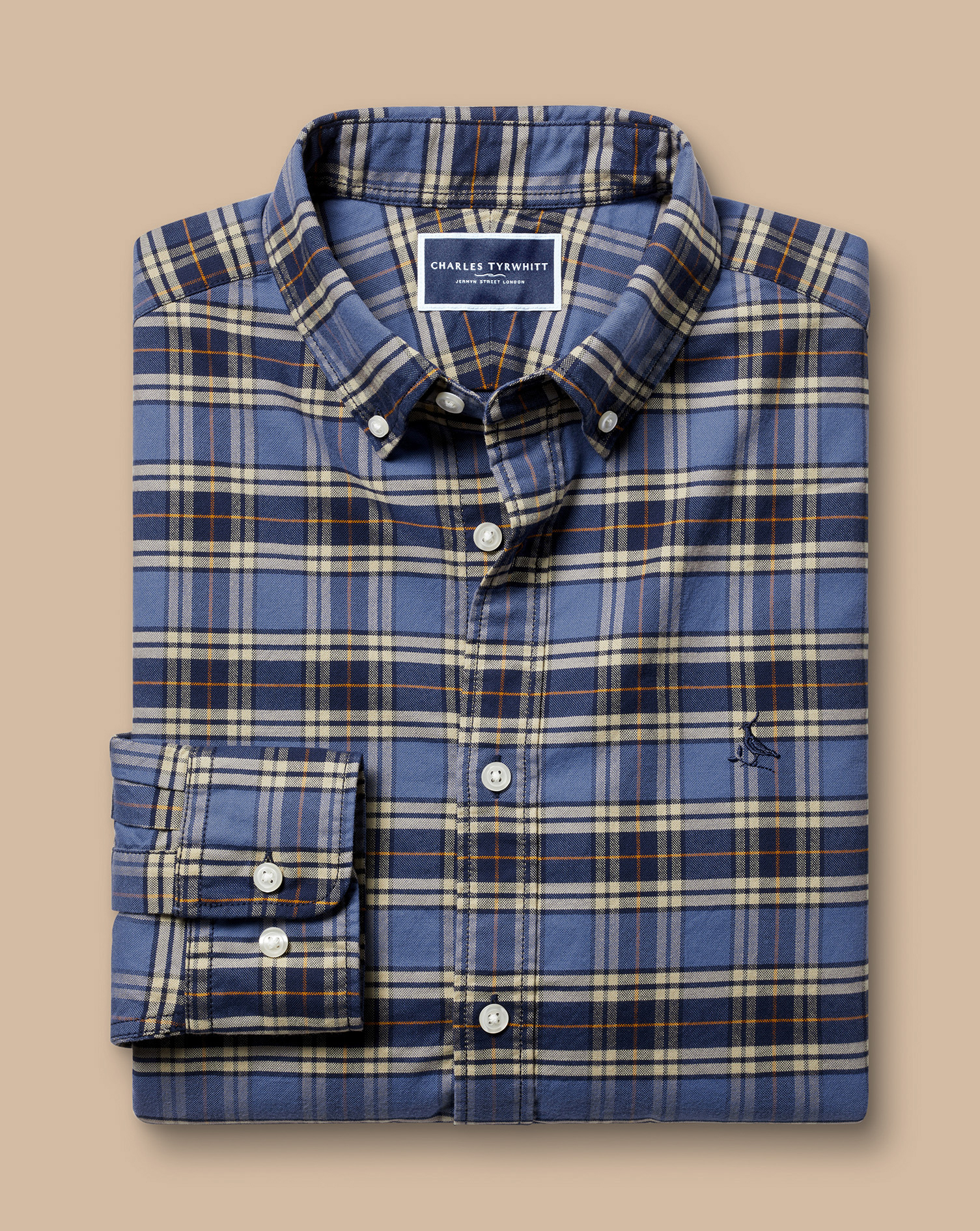 Button-Down Collar Brushed Washed Oxford Overcheck Shirt - Indigo Blue