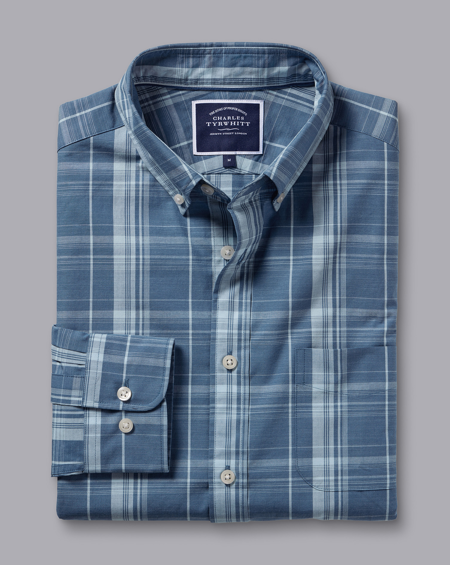 Button-Down Collar Non-Iron Stretch Poplin Slub Check Shirt - Steel Blue