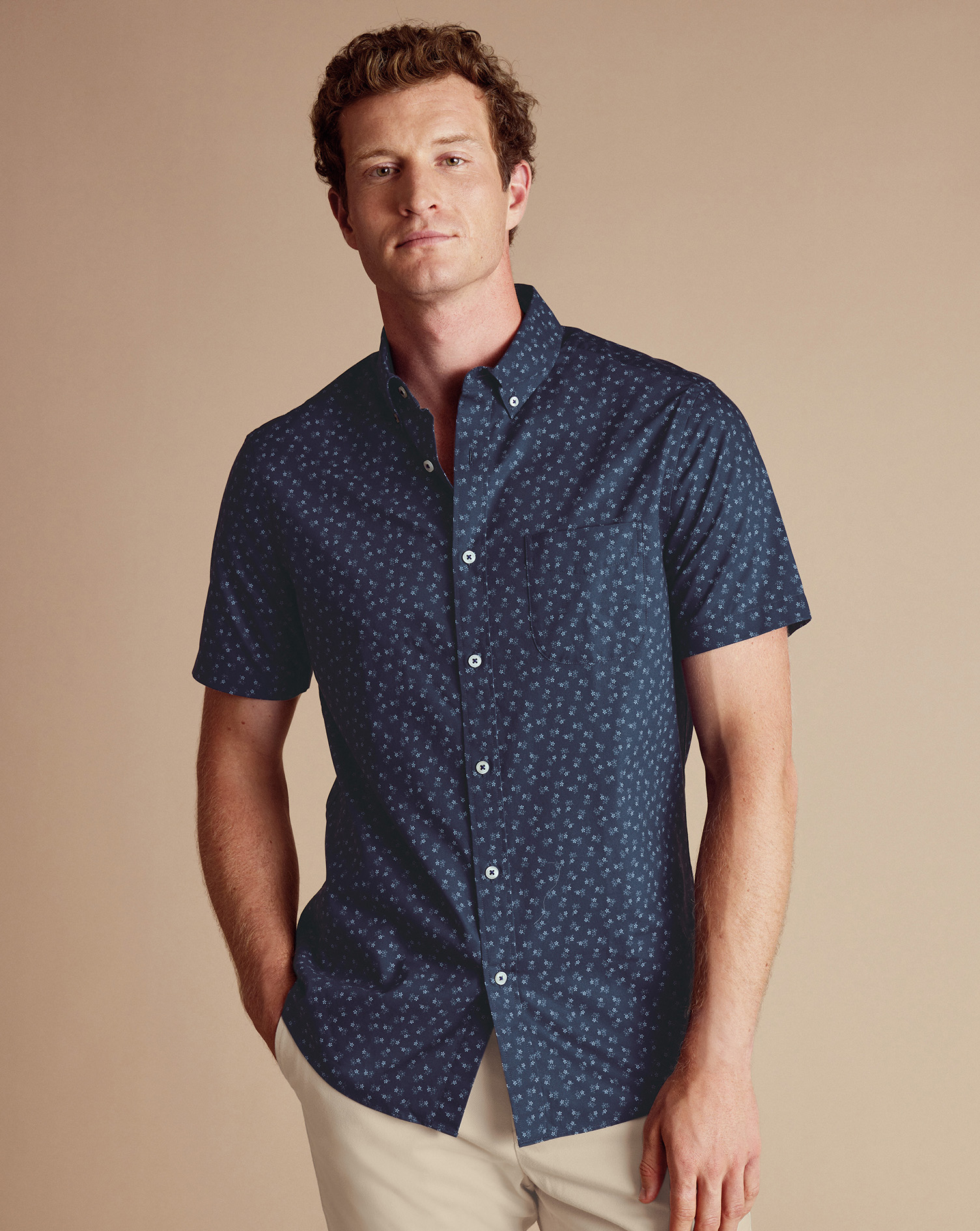 Non-Iron Stretch Ditsy Floral Print Shirt - Navy