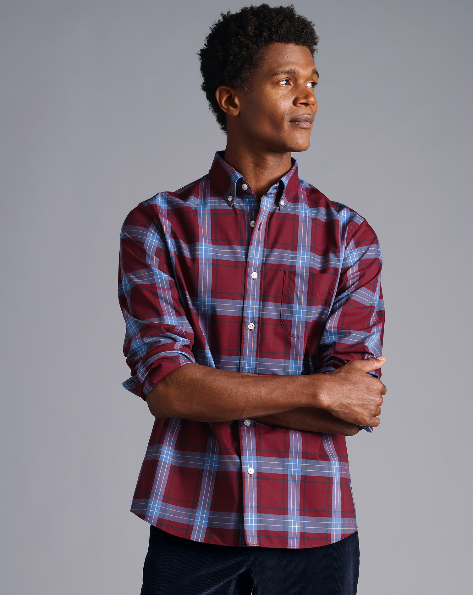 Button-Down Collar Non-Iron Stretch Poplin Large Winter Check Shirt - Red