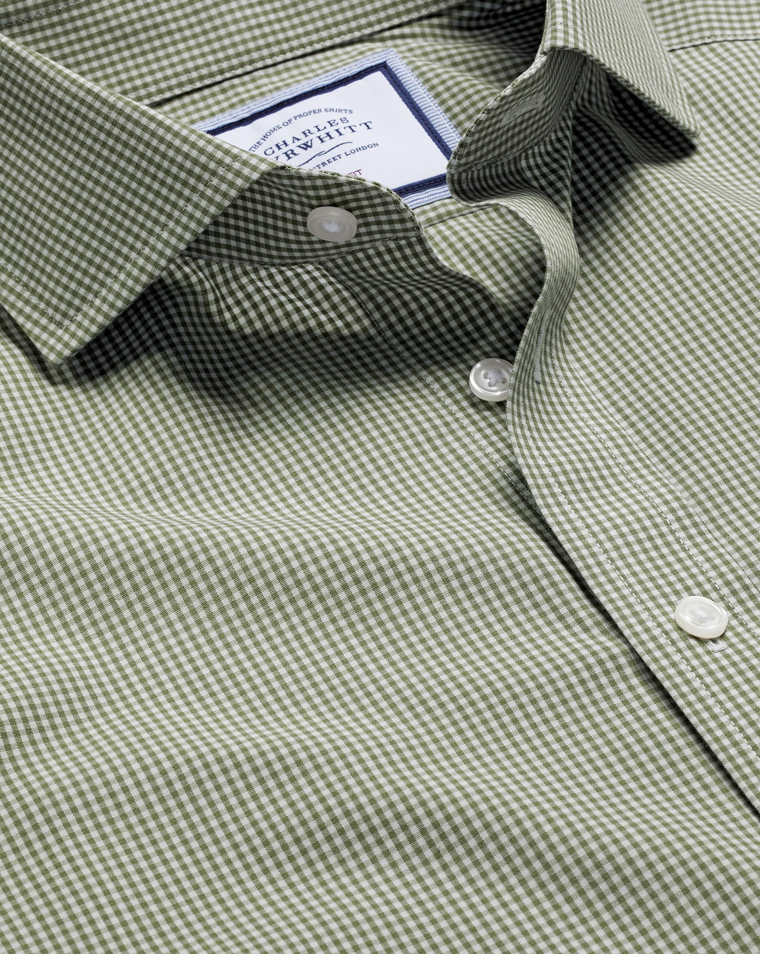 Cutaway Collar Non-Iron Mini Gingham Check Shirt - Olive Green