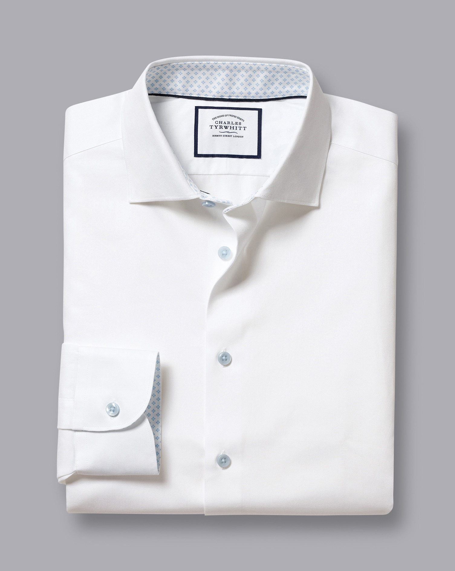 Semi-Cutaway Collar Twill Shirt with Printed Trim - White