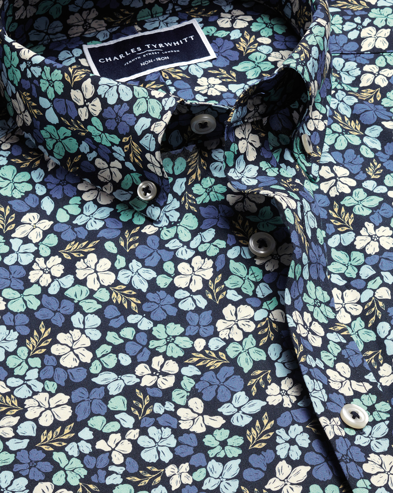 Non-Iron Floral Print Short Sleeve Shirt - Mid Blue