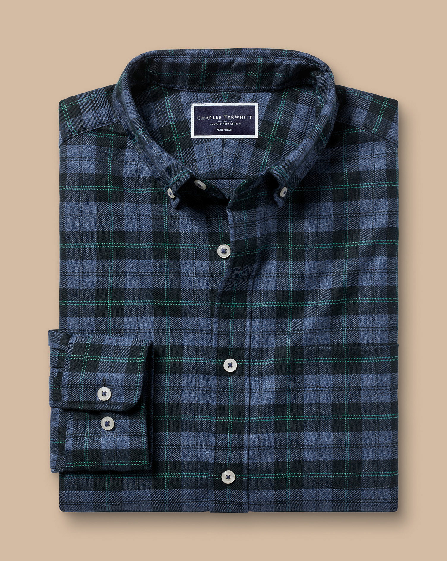 Button-Down Collar Non-Iron Twill Overcheck Shirt - Green