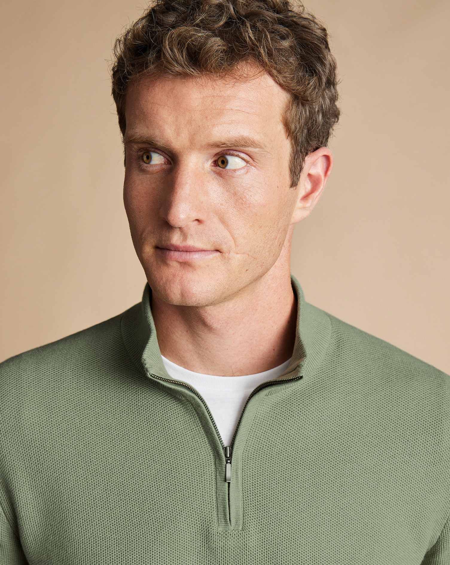 Honeycomb Cotton Zip Neck Jumper - Sage Green