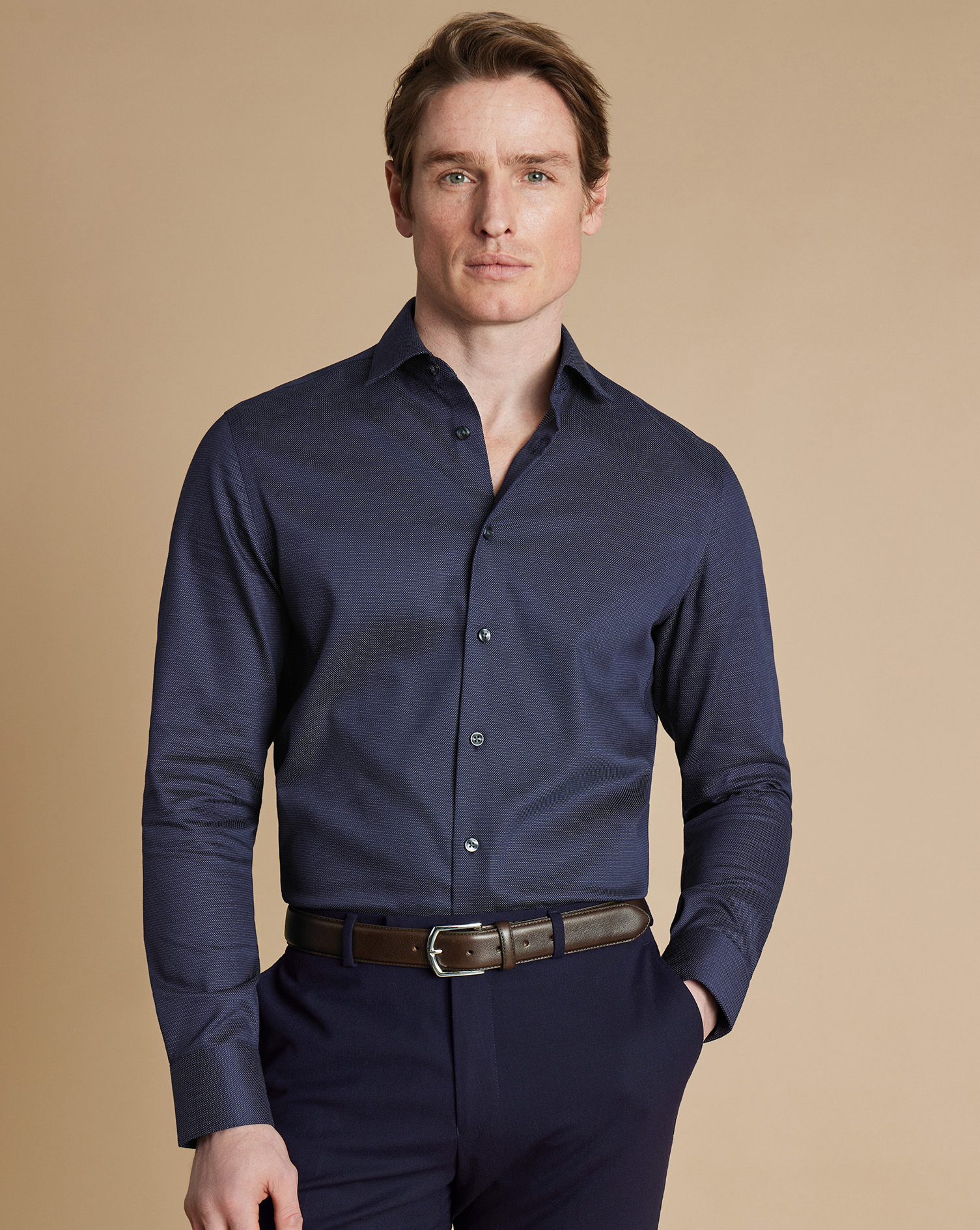 Semi-Cutaway Collar Non-Iron Stretch Dot Texture Shirt - French Blue