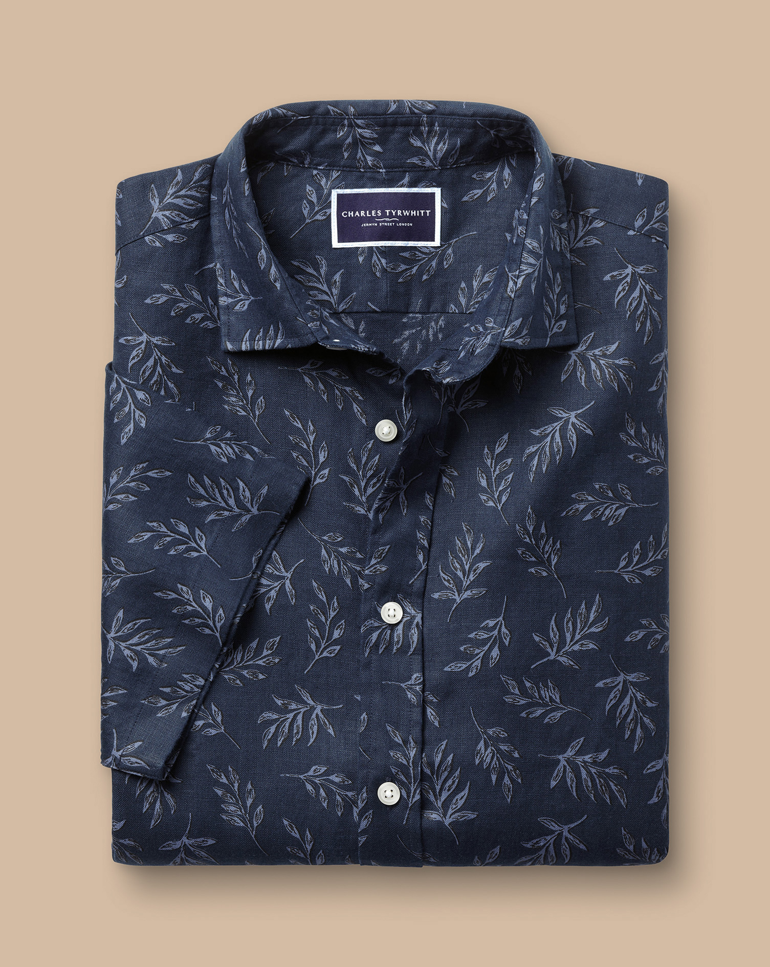 Pure Linen Leaf Print Short Sleeve Shirt - Indigo Blue