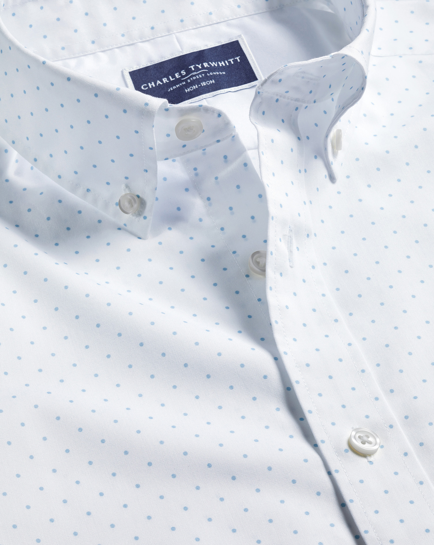 Non-Iron Spot Print Short Sleeve Shirt - White & Sky