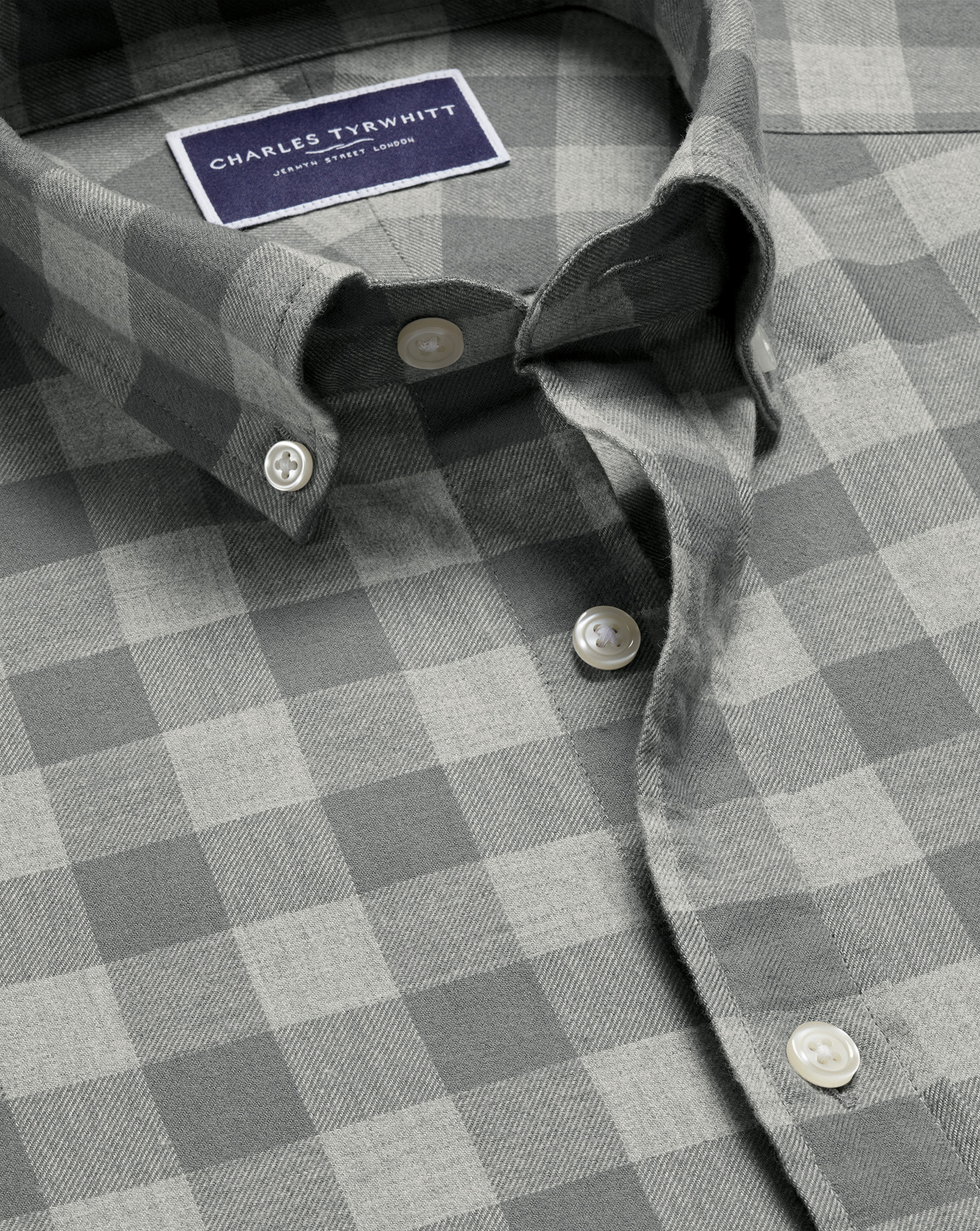 Button-Down Collar Brushed Flannel Gingham Shirt - Light Grey