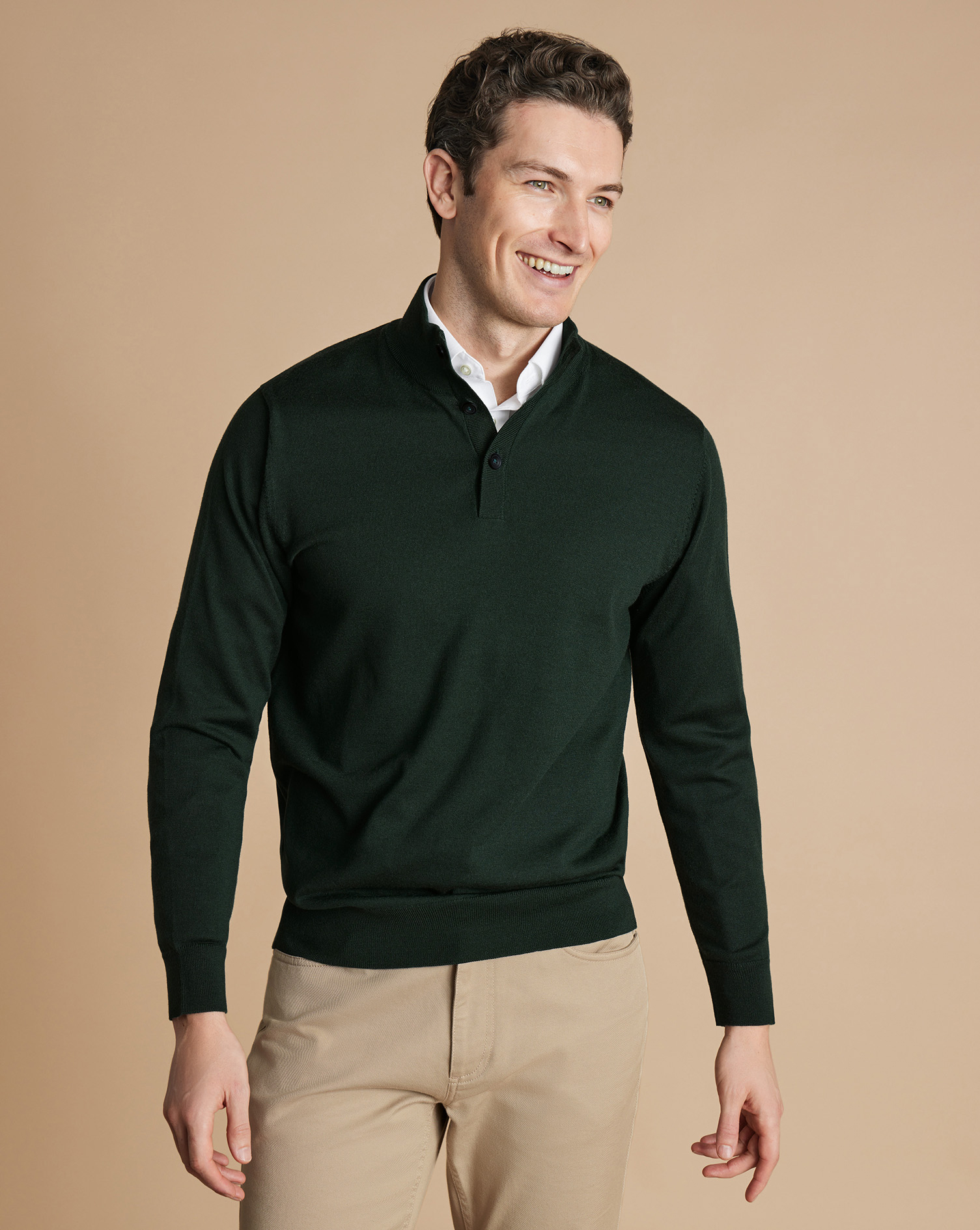 Charles Tyrwhitt Pullover aus Merinowolle mit Knöpfen - Waldgrün