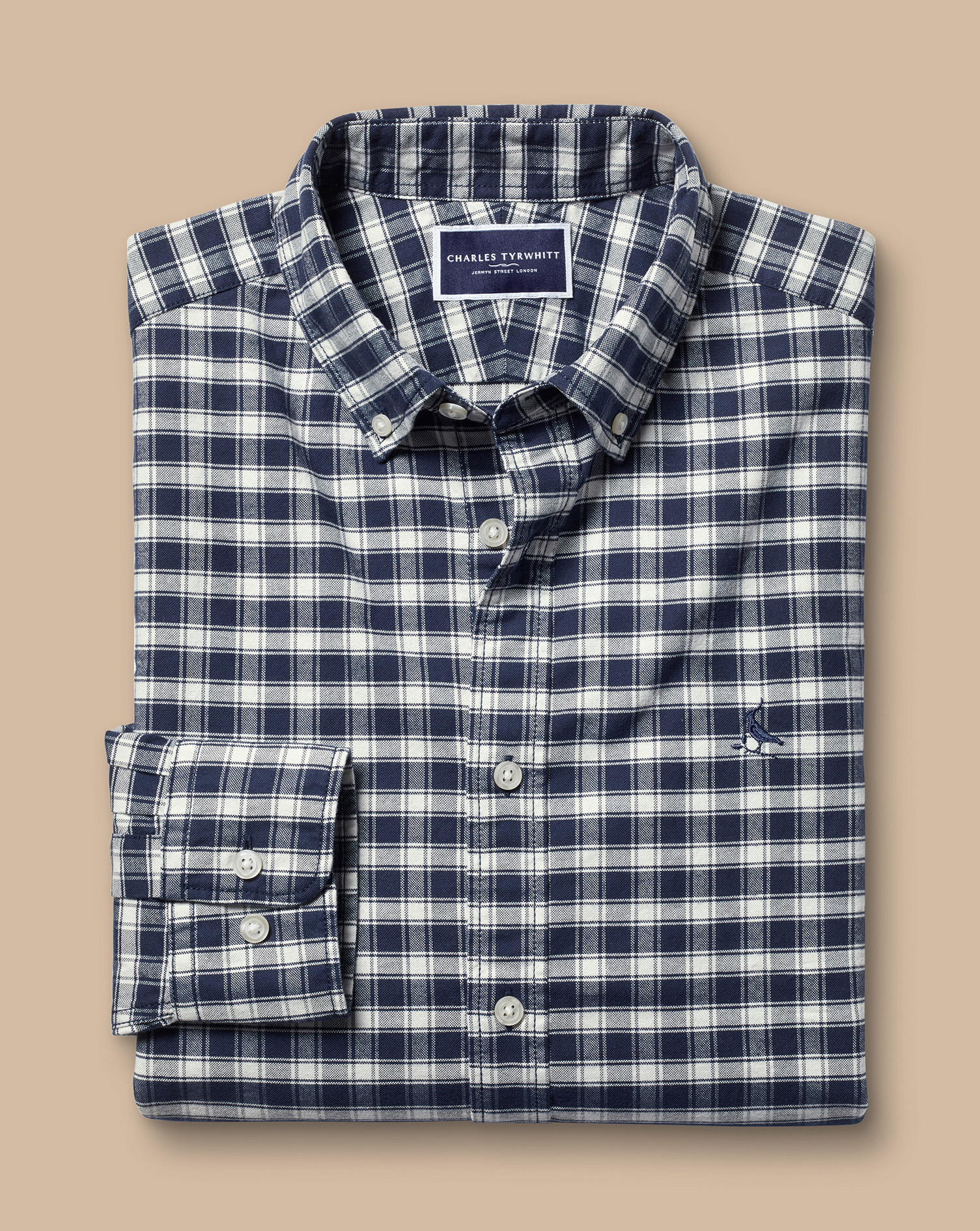 Button-Down Collar Brushed Washed Oxford Grid Check Shirt - Navy