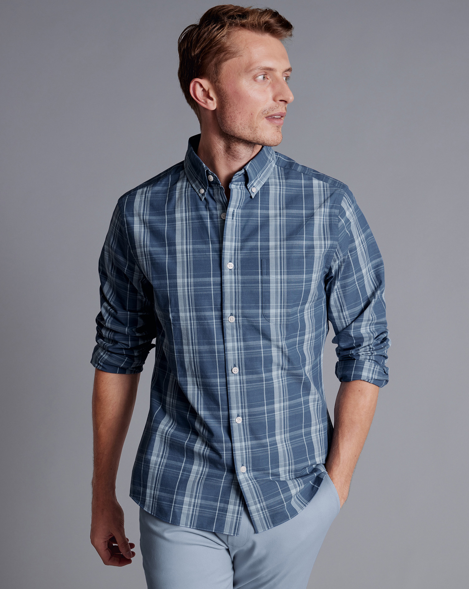 Button-Down Collar Non-Iron Stretch Poplin Slub Check Shirt - Steel Blue