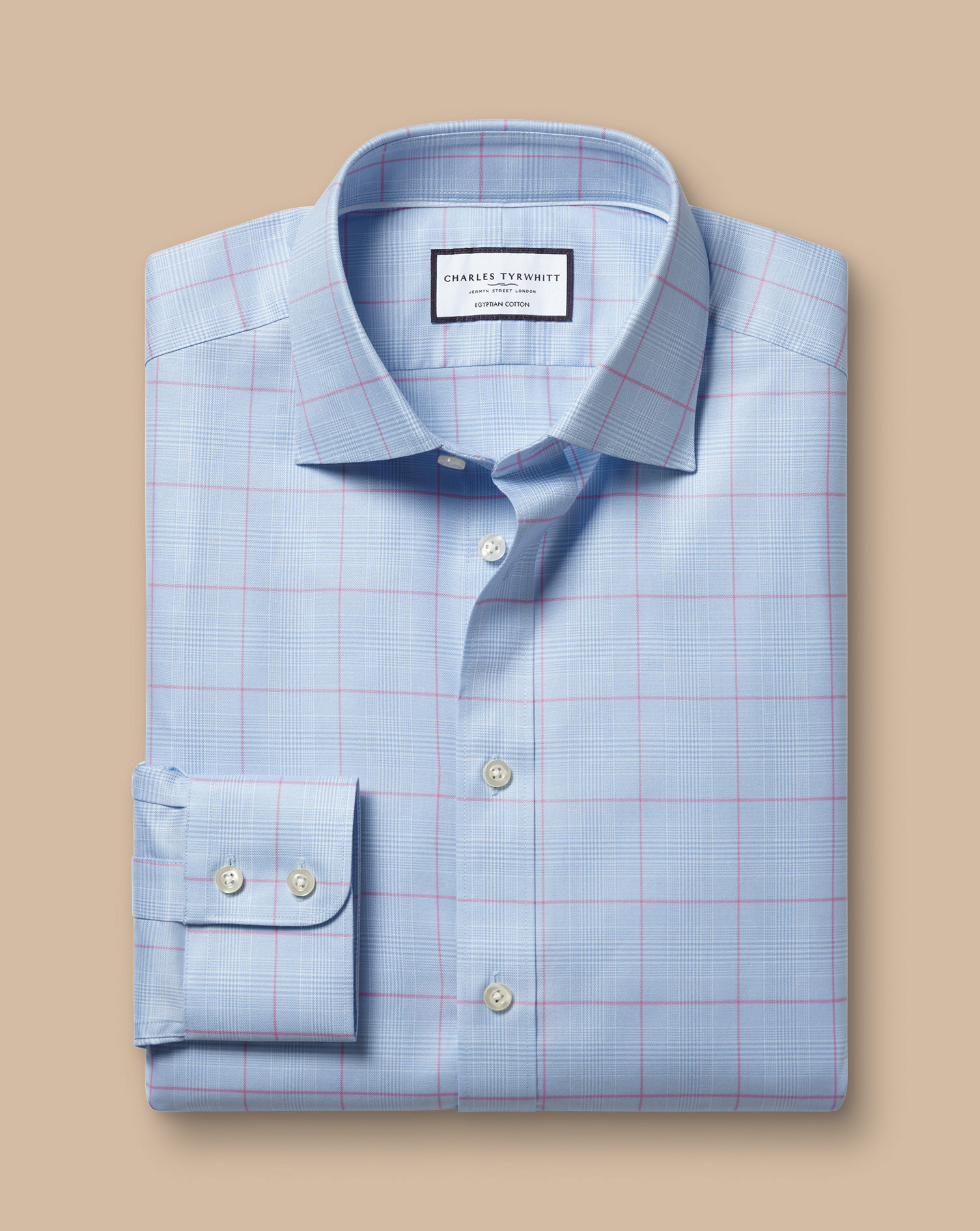 Semi-Cutaway Collar Egyptian Cotton Prince Of Wales Check Shirt - Sky Blue