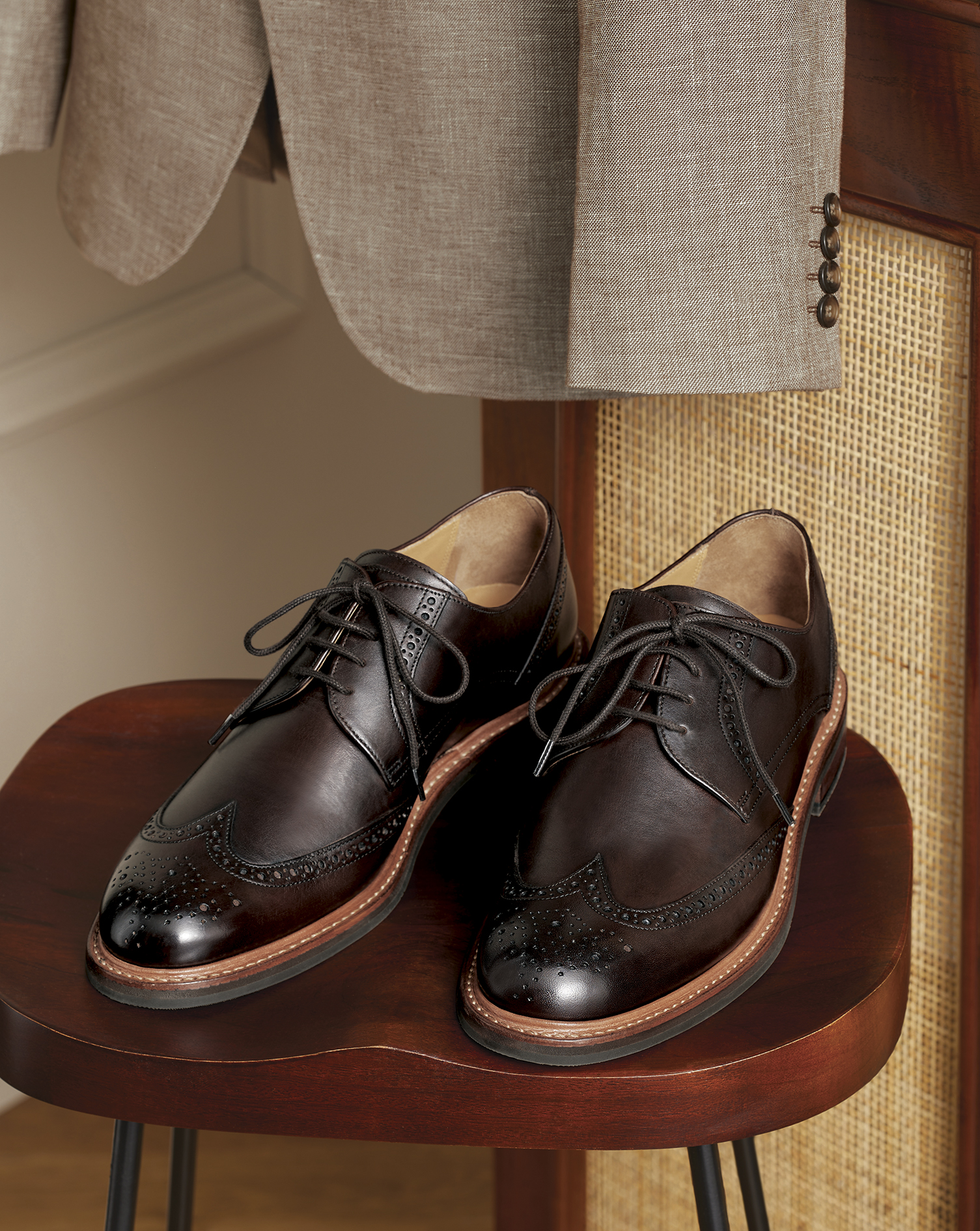 Rubber Sole Leather Derby Brogue Shoes - Dark Chocolate