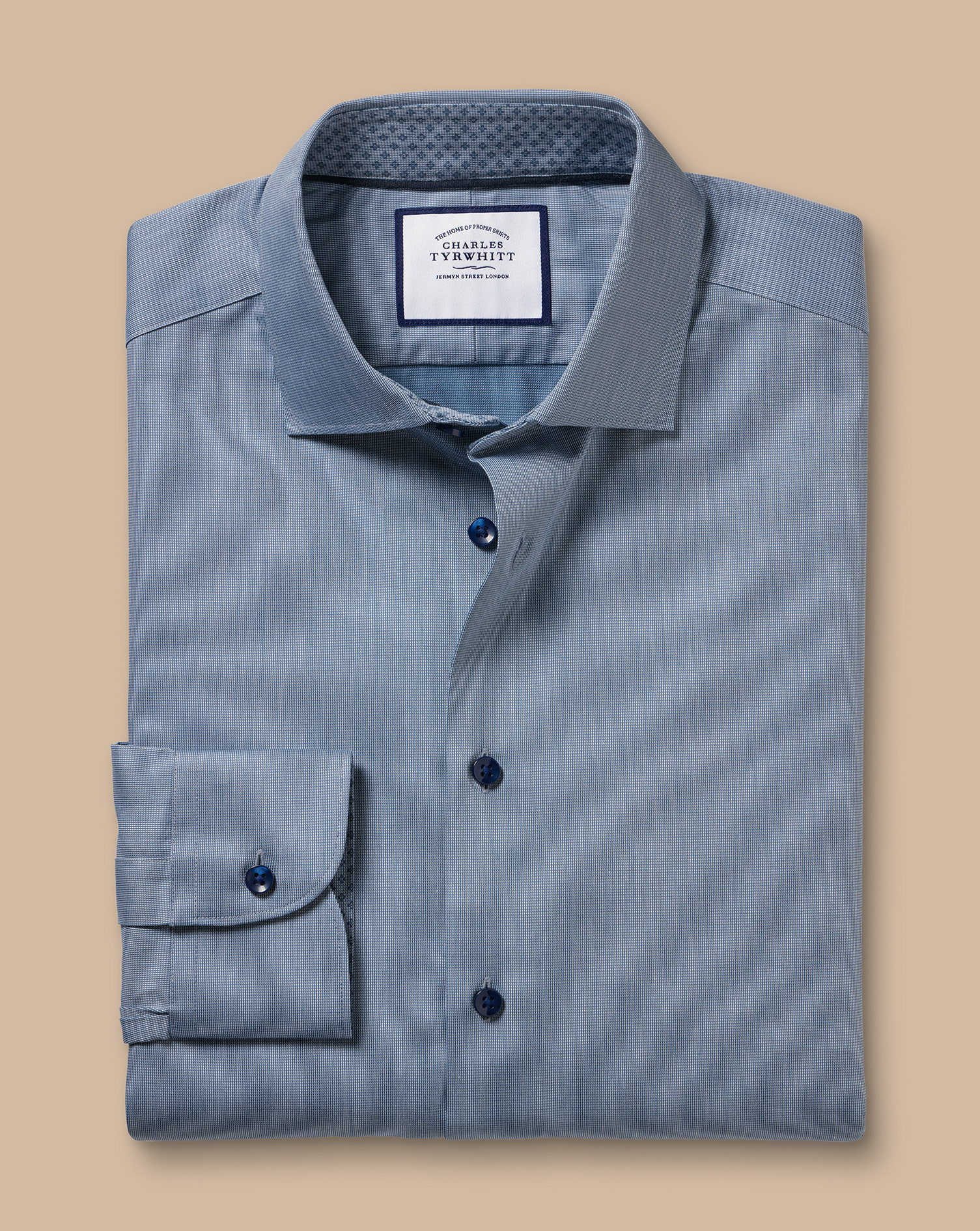 Semi-Cutaway Collar Twill Shirt with Printed Trim - Steel Blue