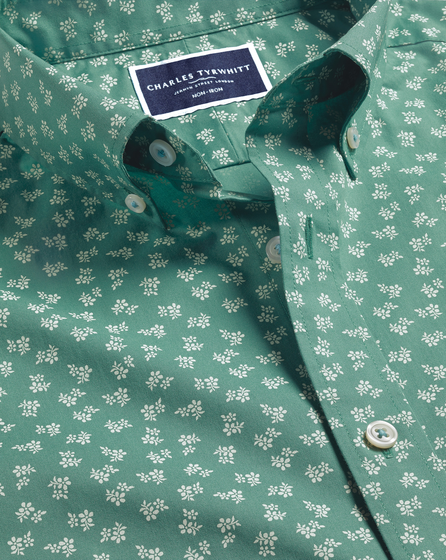 Non-Iron Floral Print Short Sleeve Shirt - Teal Green