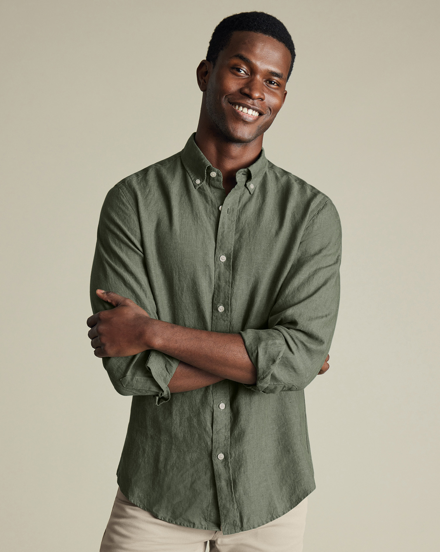 Button-Down Pure Linen Shirt - Olive Green