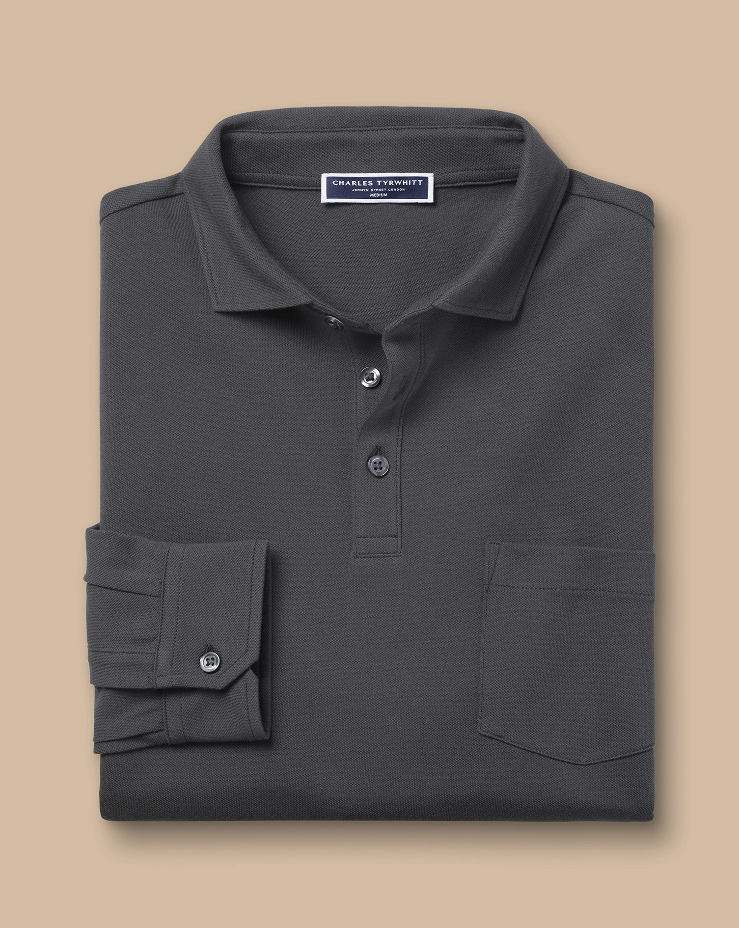 Long Sleeve Tyrwhitt Pique Polo - Charcoal Grey