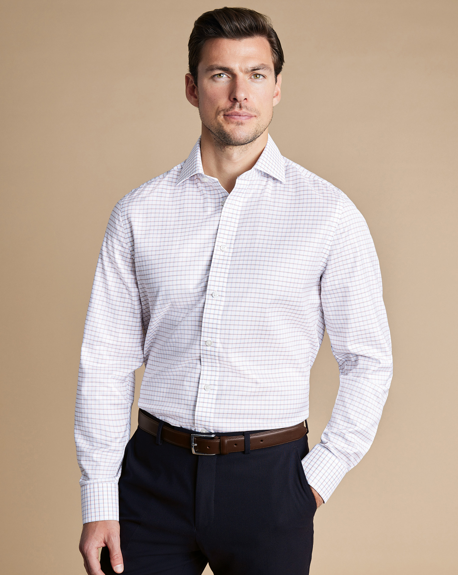 Cutaway Collar Non-Iron Twill Fine Check Shirt - Sky Blue & Gold