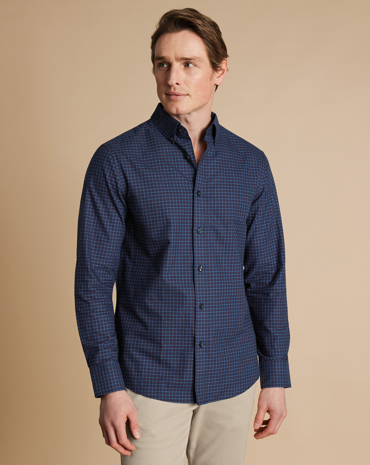 Button-Down Collar Brushed Cotton Twill Check Shirt - Indigo Blue & Red