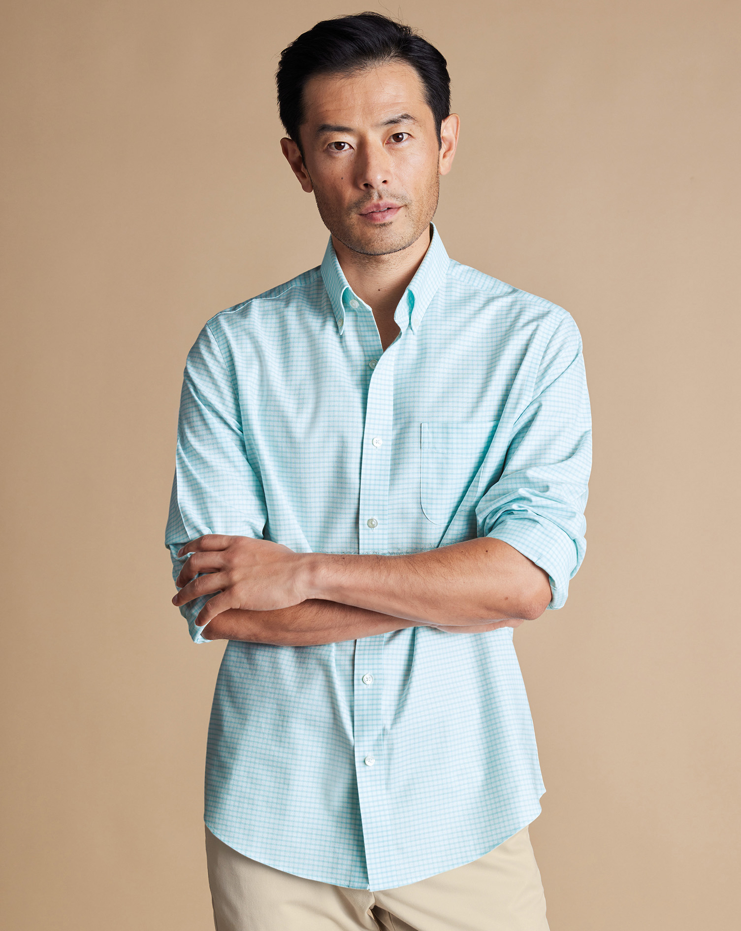 Button-Down Collar Non-Iron Stretch Check Oxford Shirt - Aqua Green