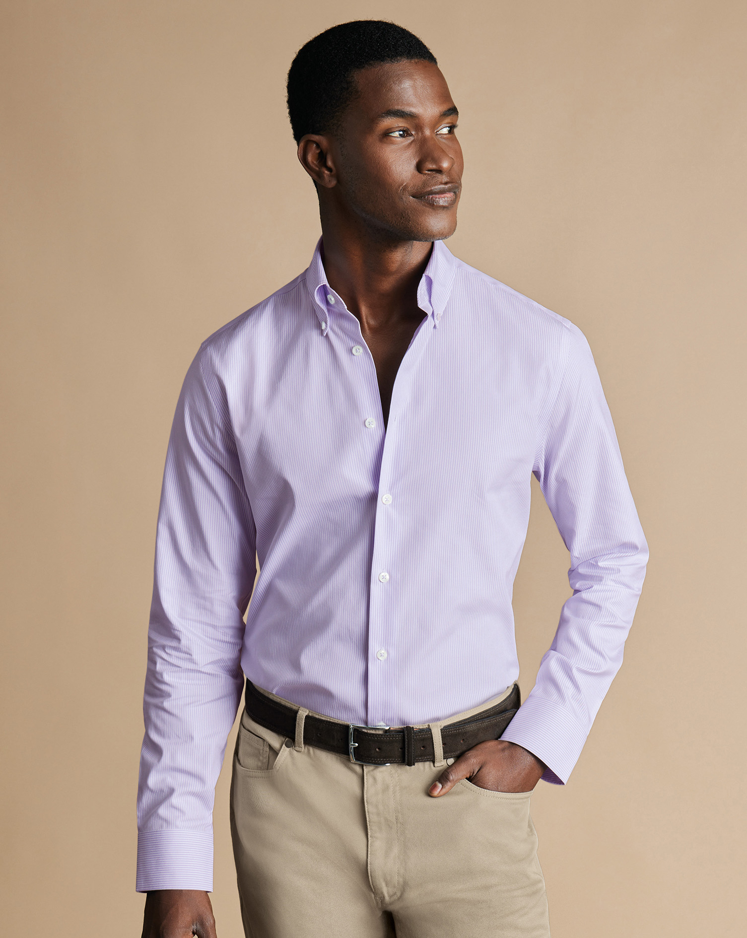 Button-Down Collar Non-Iron Stripe Oxford Shirt - Lilac Purple