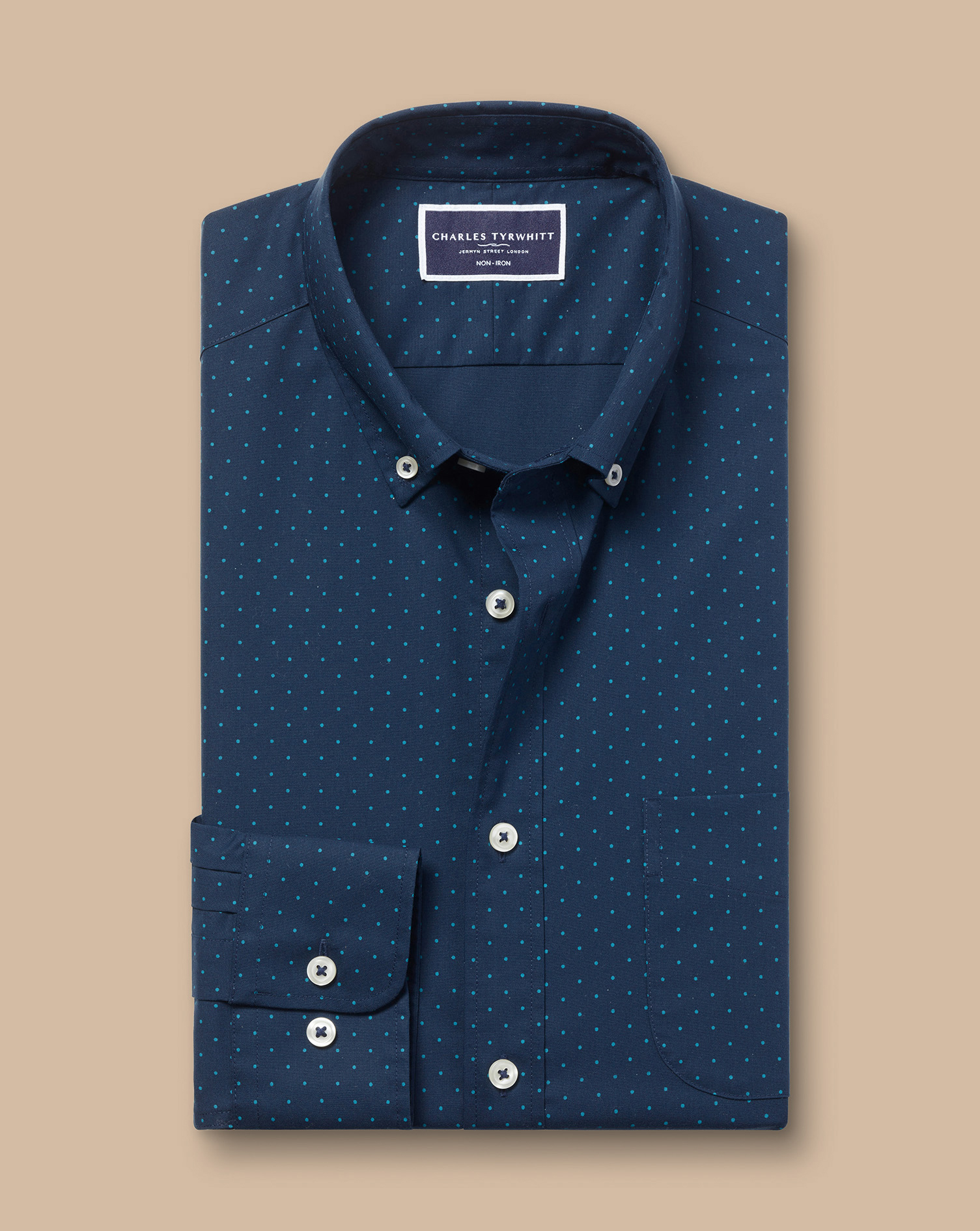 Non-Iron Stretch Print Spot Shirt - Petrol Blue