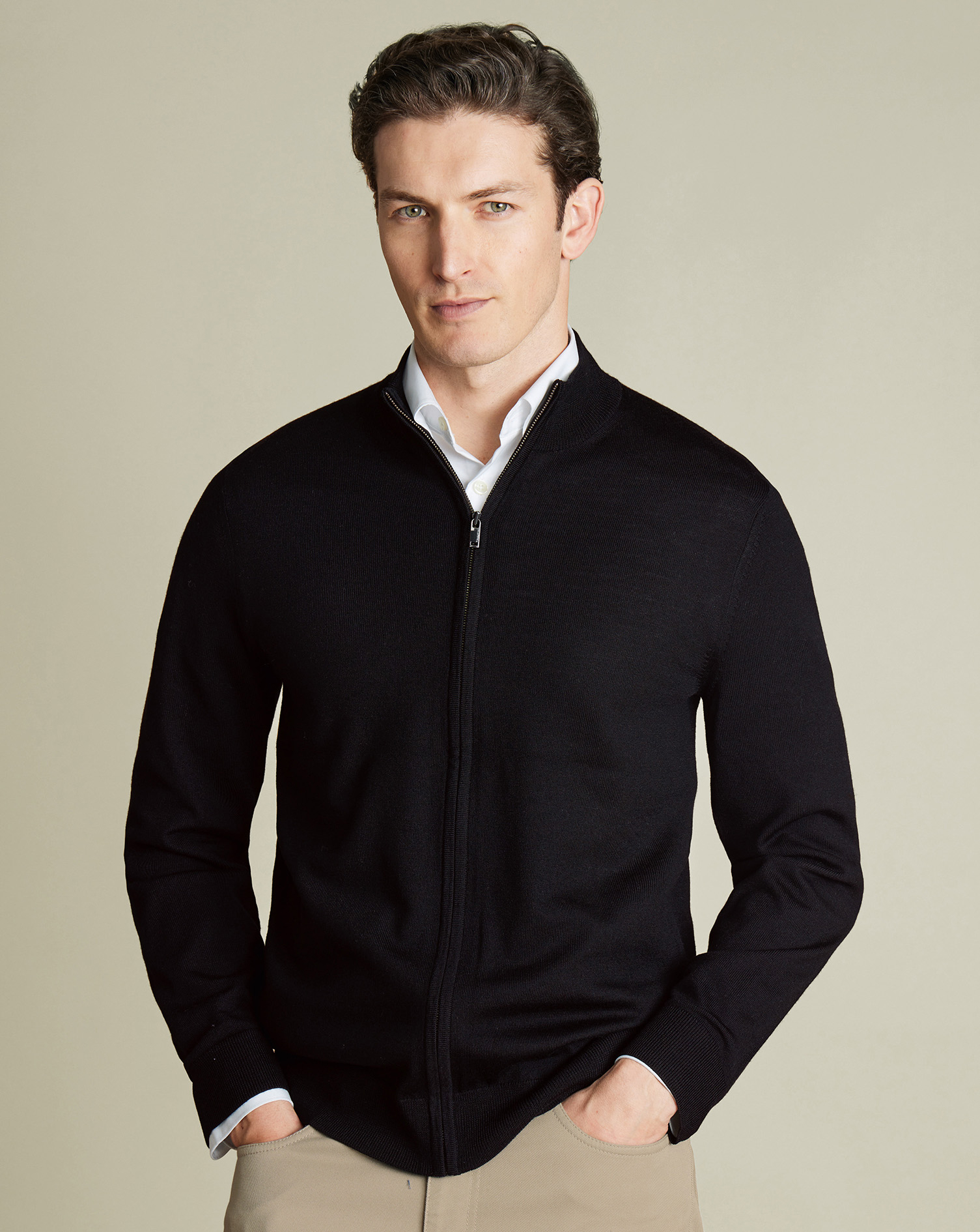 Charles Tyrwhitt Merino-Strickjacke mit Reißverschluss - Schwarz