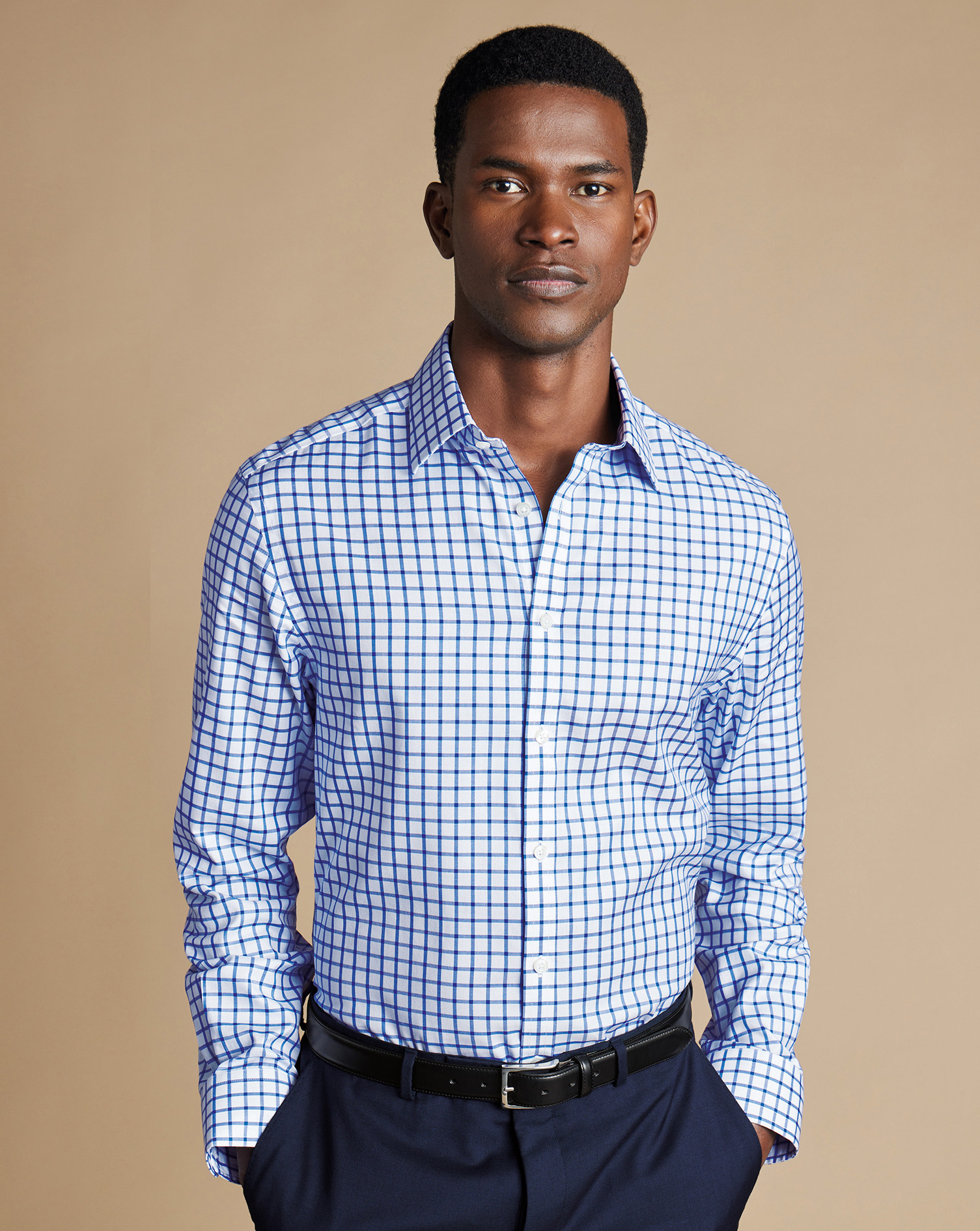 Non-Iron Twill Grid Check Shirt - Cobalt Blue