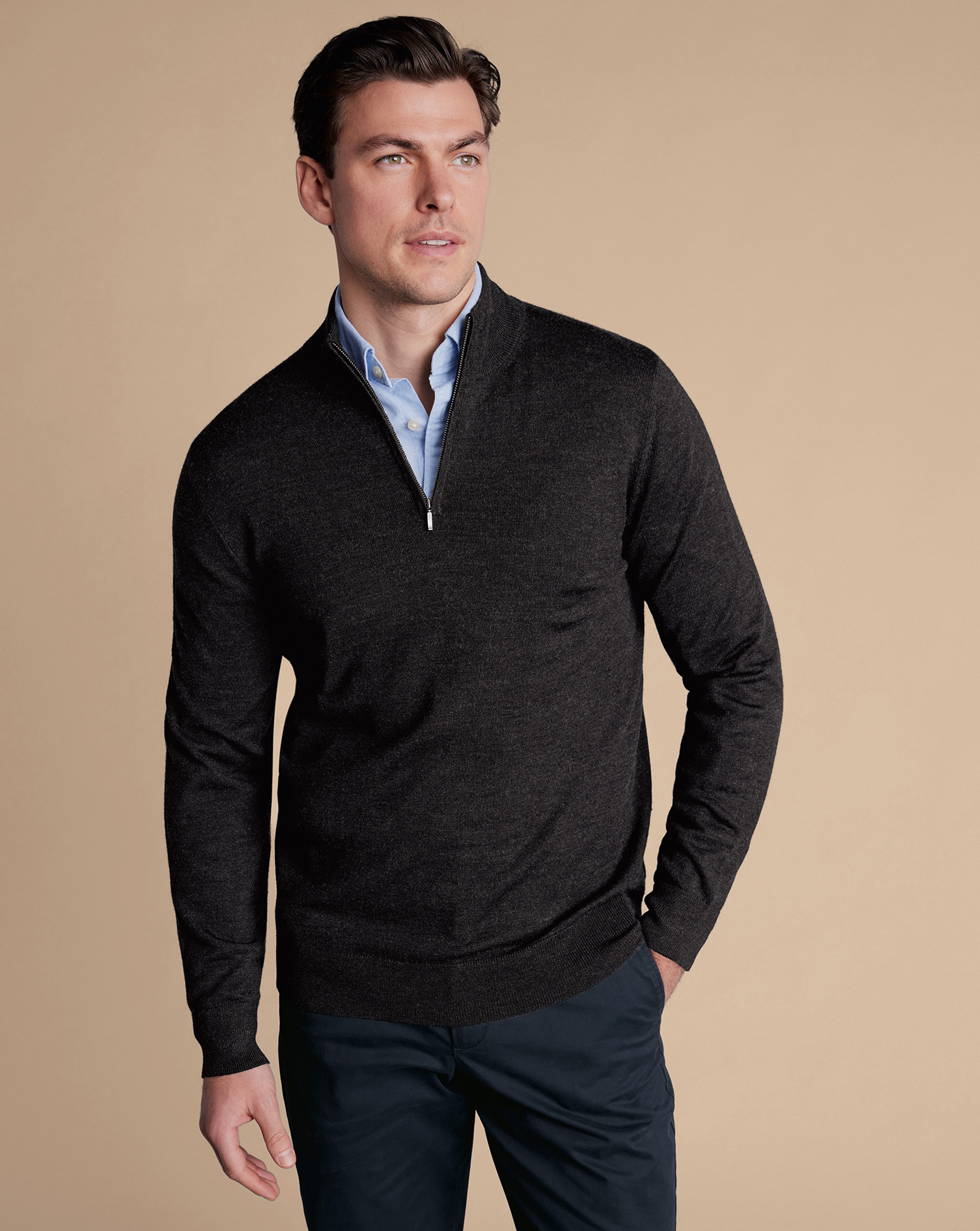 Merino Wool Raglan Sweater with Elbow Patches - Charcoal - Men's