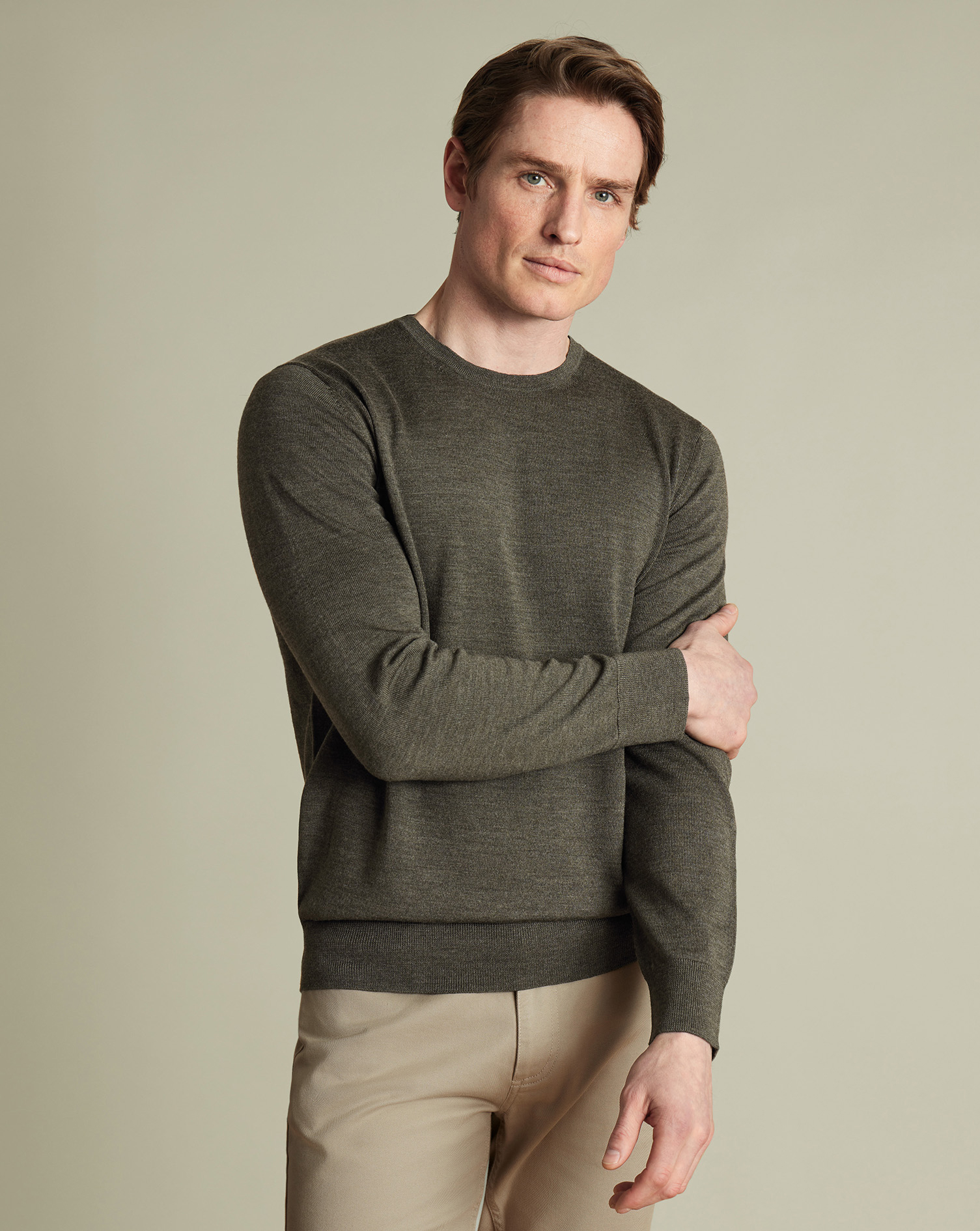 Charles Tyrwhitt Pullover aus Merinowolle mit Rundshalsausschnitt - Olivgrün