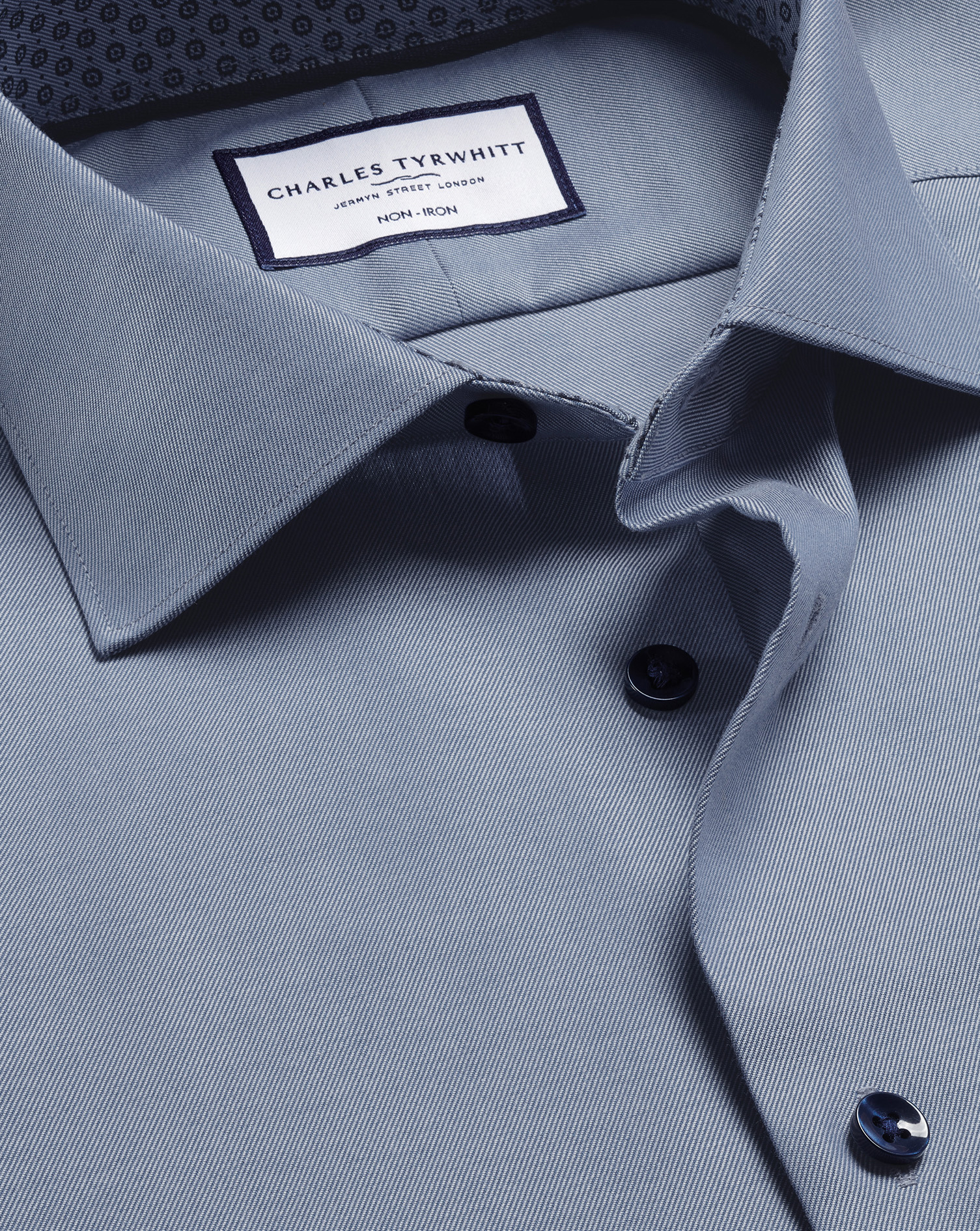 Semi-Cutaway Collar Non-Iron Twill Shirt with Printed Trim - Steel Blue