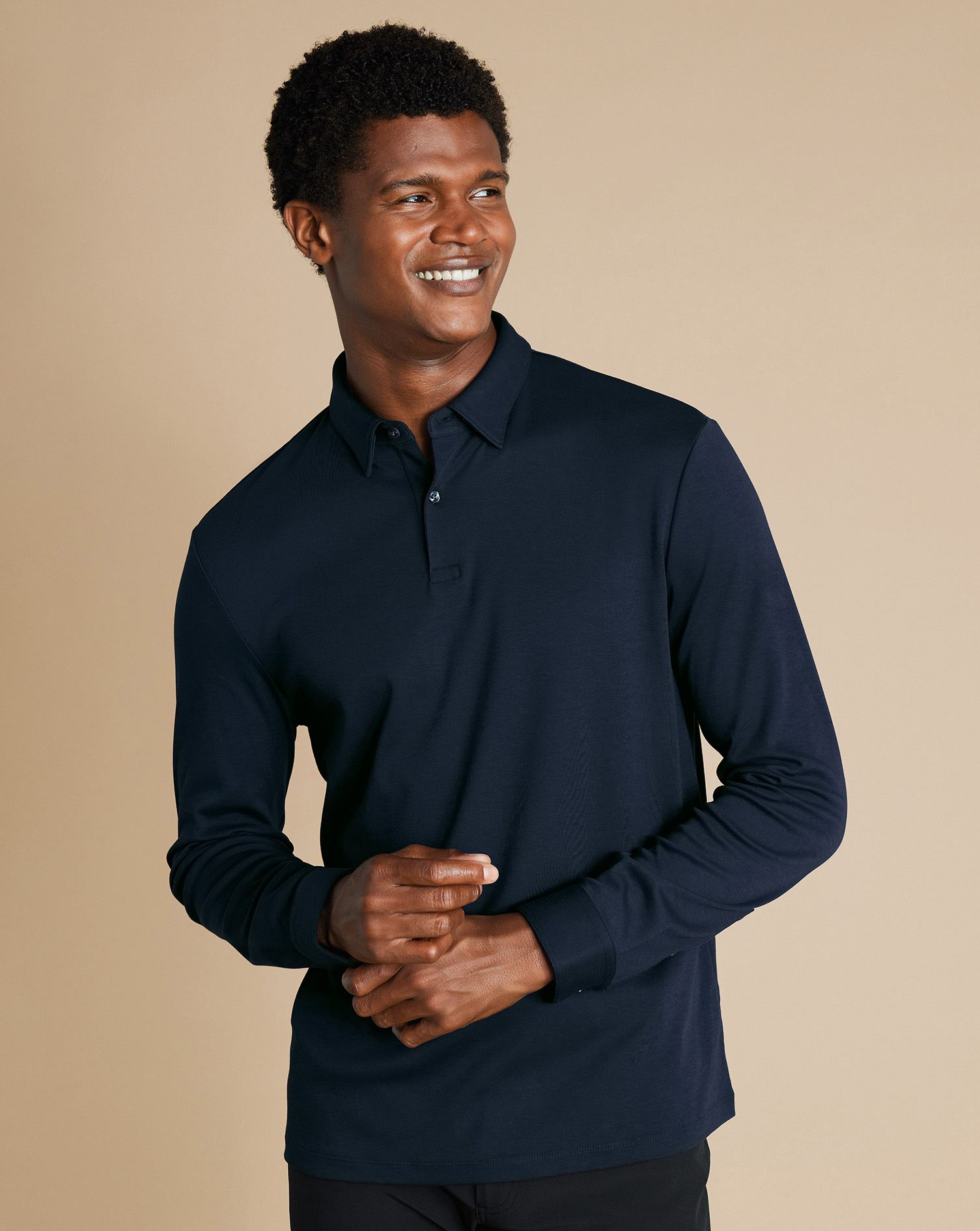 Charles Tyrwhitt Smarte Langärmeliges Performance Jersey-Polo - Marineblau