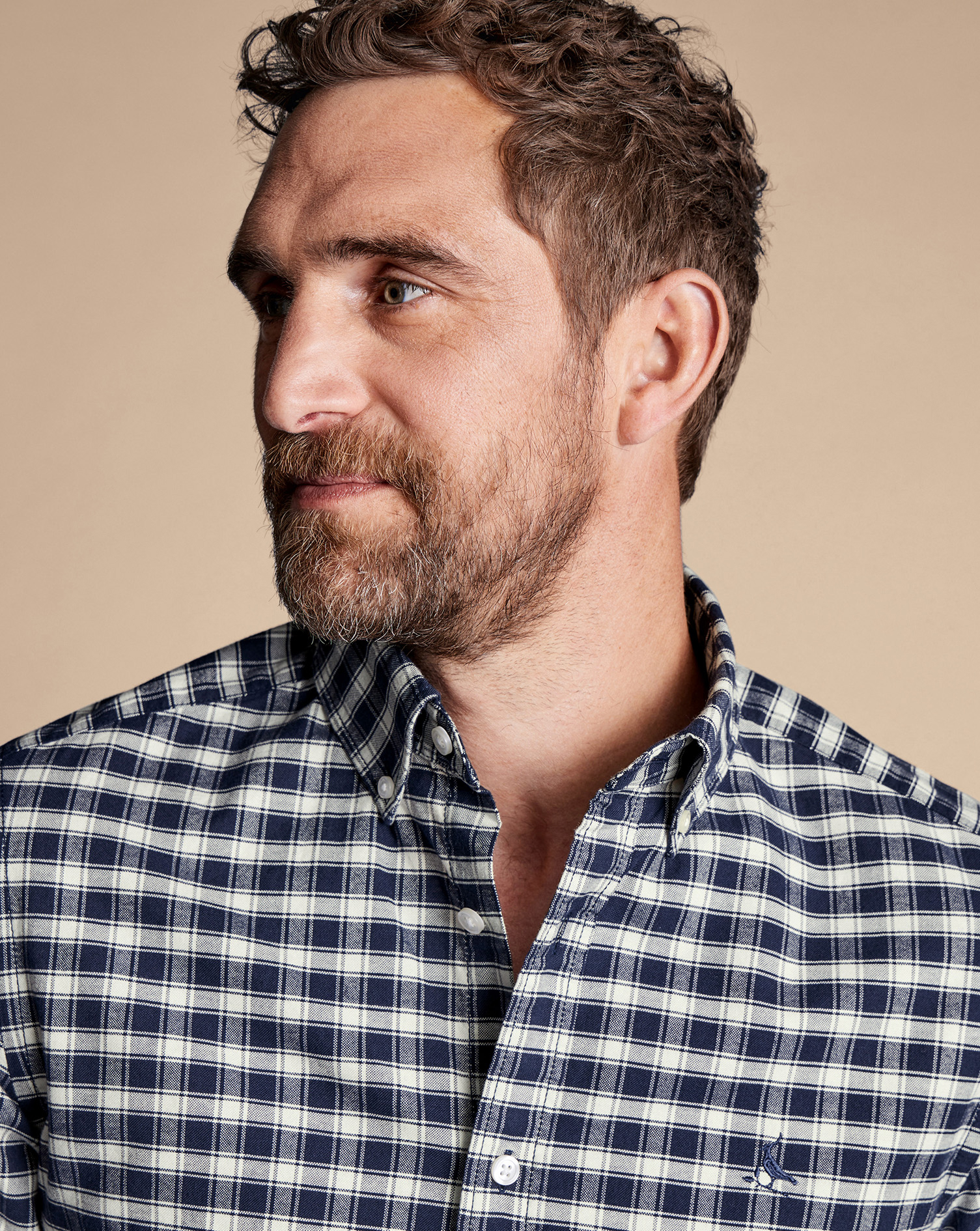 Button-Down Collar Brushed Washed Oxford Grid Check Shirt - Navy