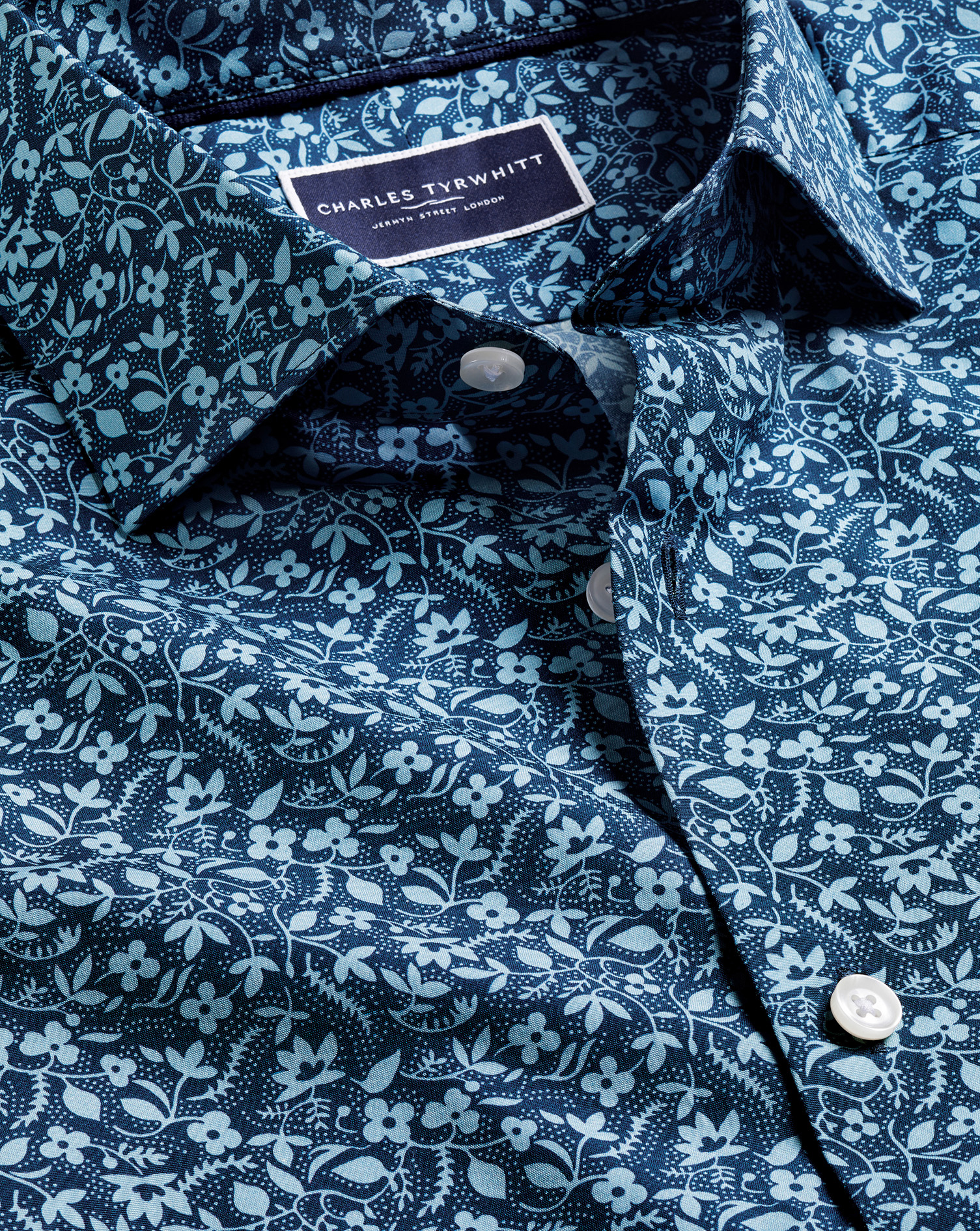 Made with Liberty Fabric Semi-Cutaway Collar Floral Print Shirt - Steel Blue