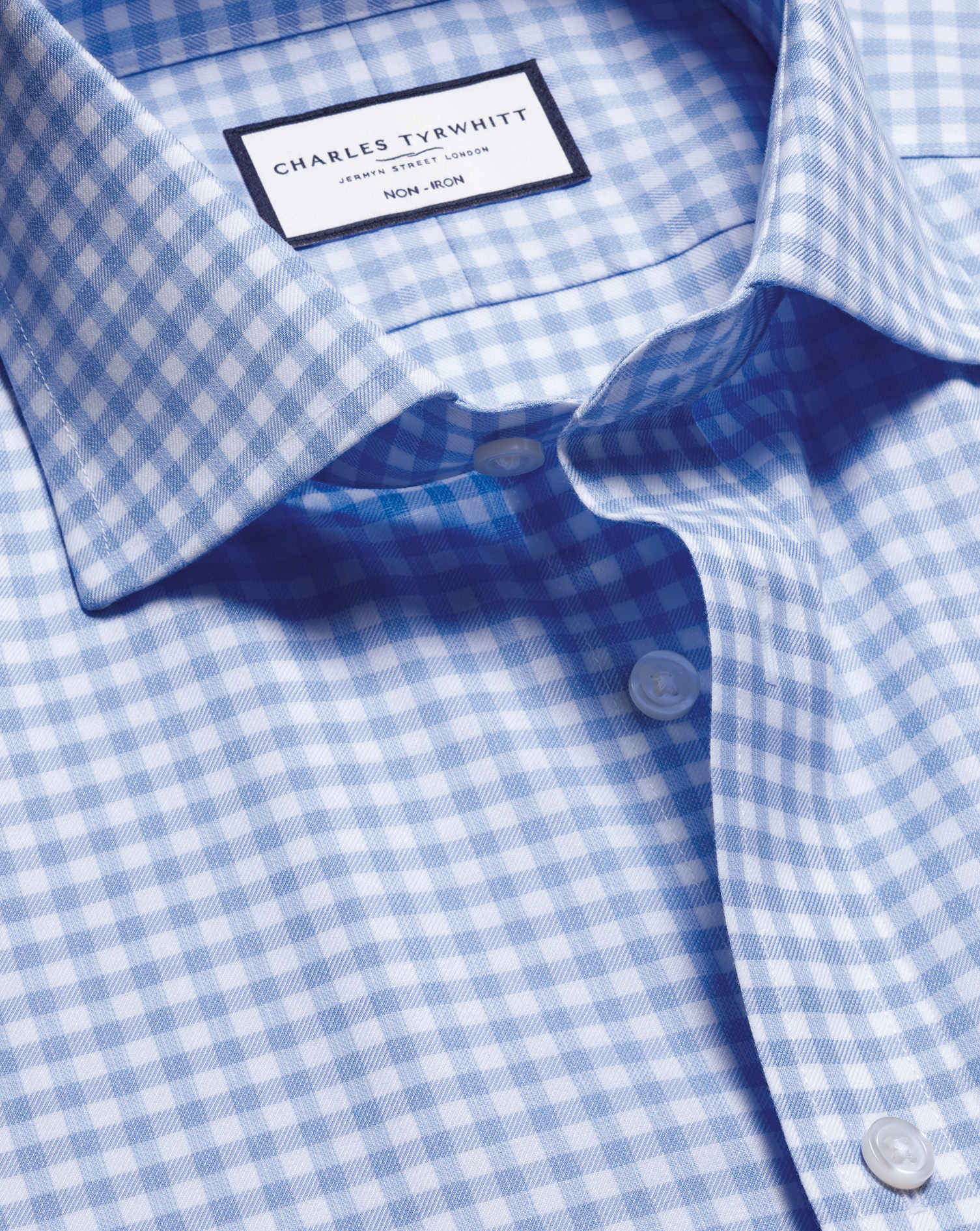 Charles Tyrwhitt Bügelfreies Twill-Hemd mit Gingham-Karos - Kornblumenblau Knopfmanschette