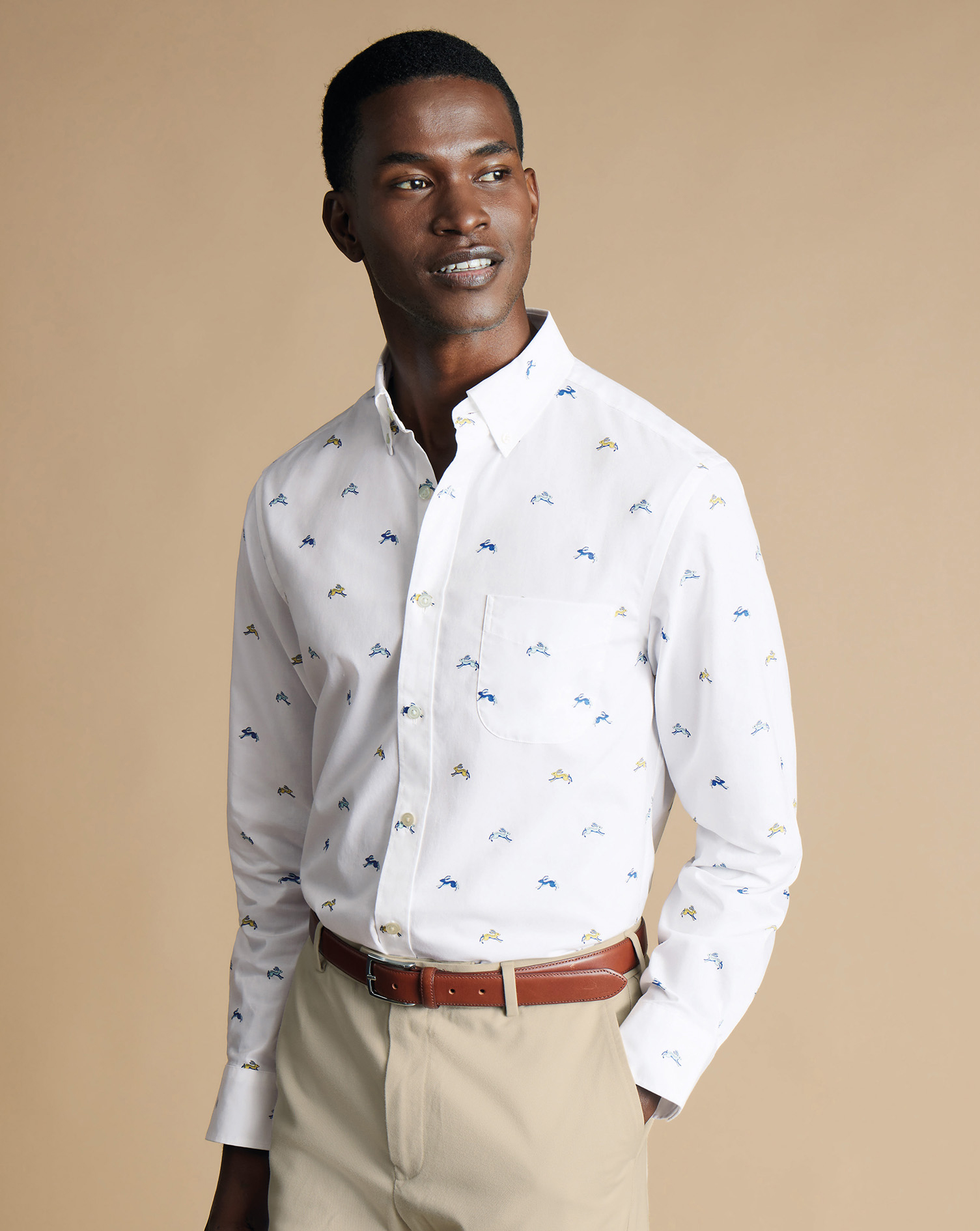 Button-Down Collar Non-Iron Stretch Hare Print Shirt - White Multi