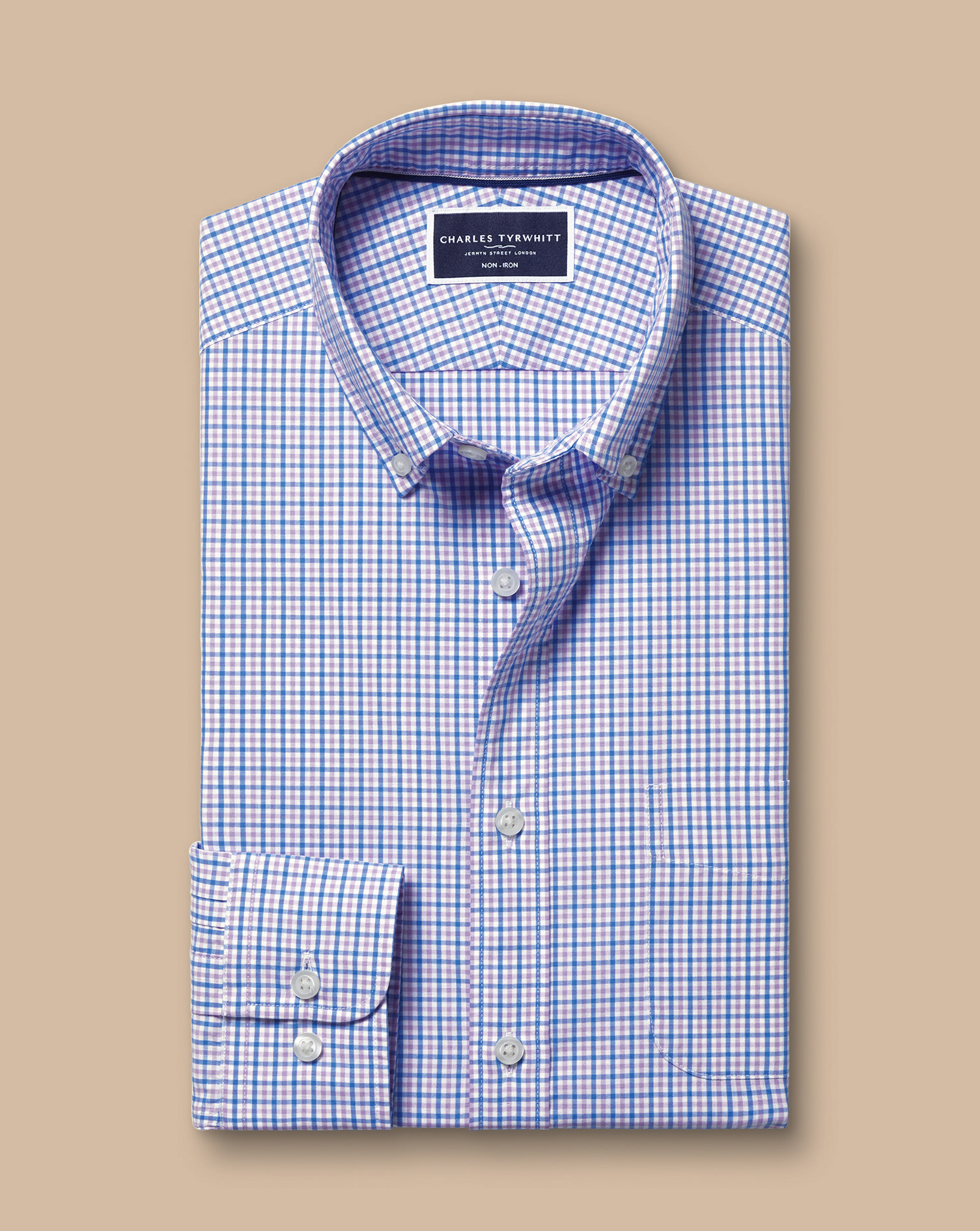 Button-Down Collar Non-Iron Stretch Poplin Mini Gingham Shirt - Lilac Purple & Blue