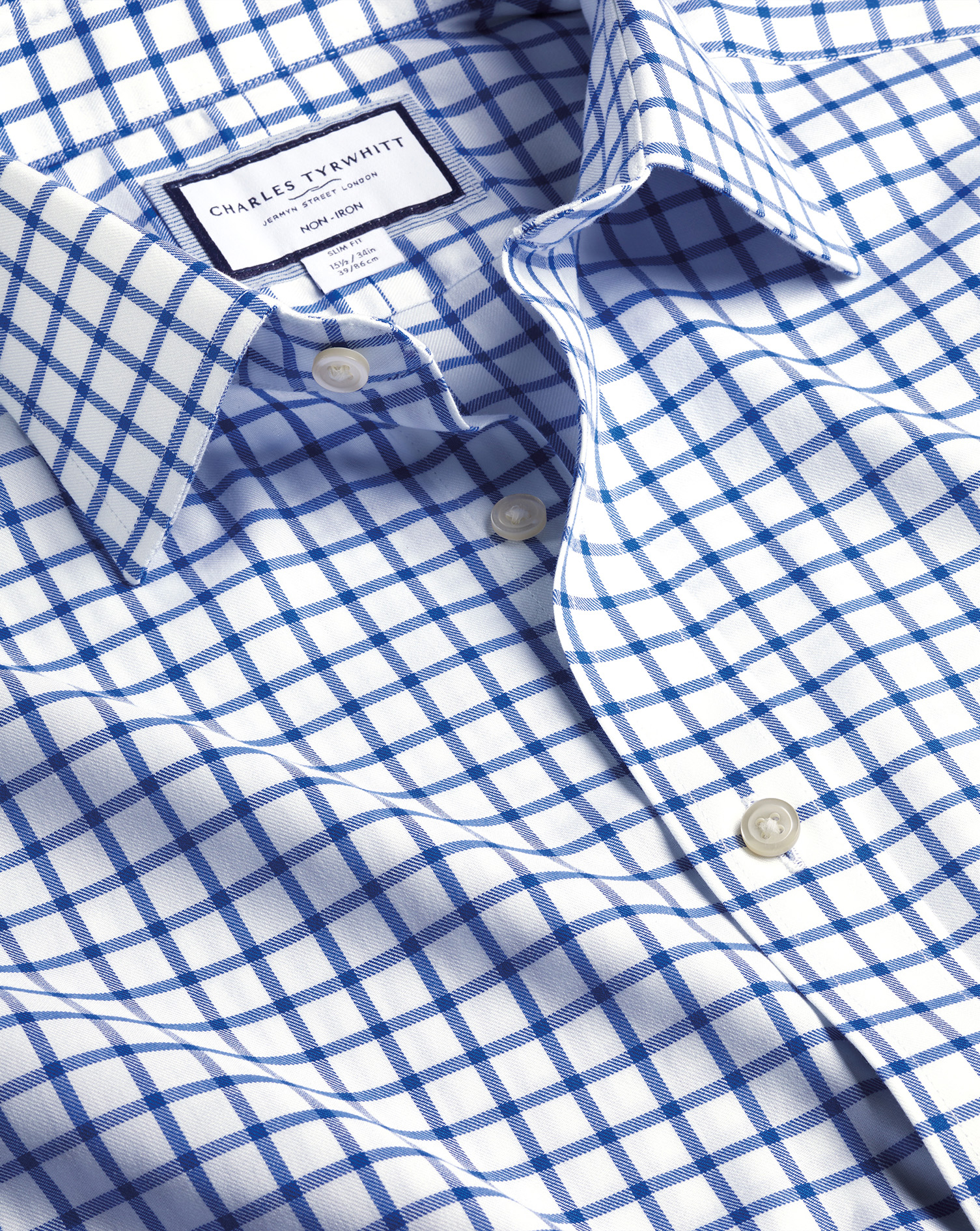 Charles Tyrwhitt Non-iron Twill Grid Check Cotton Dress Shirt In Blue