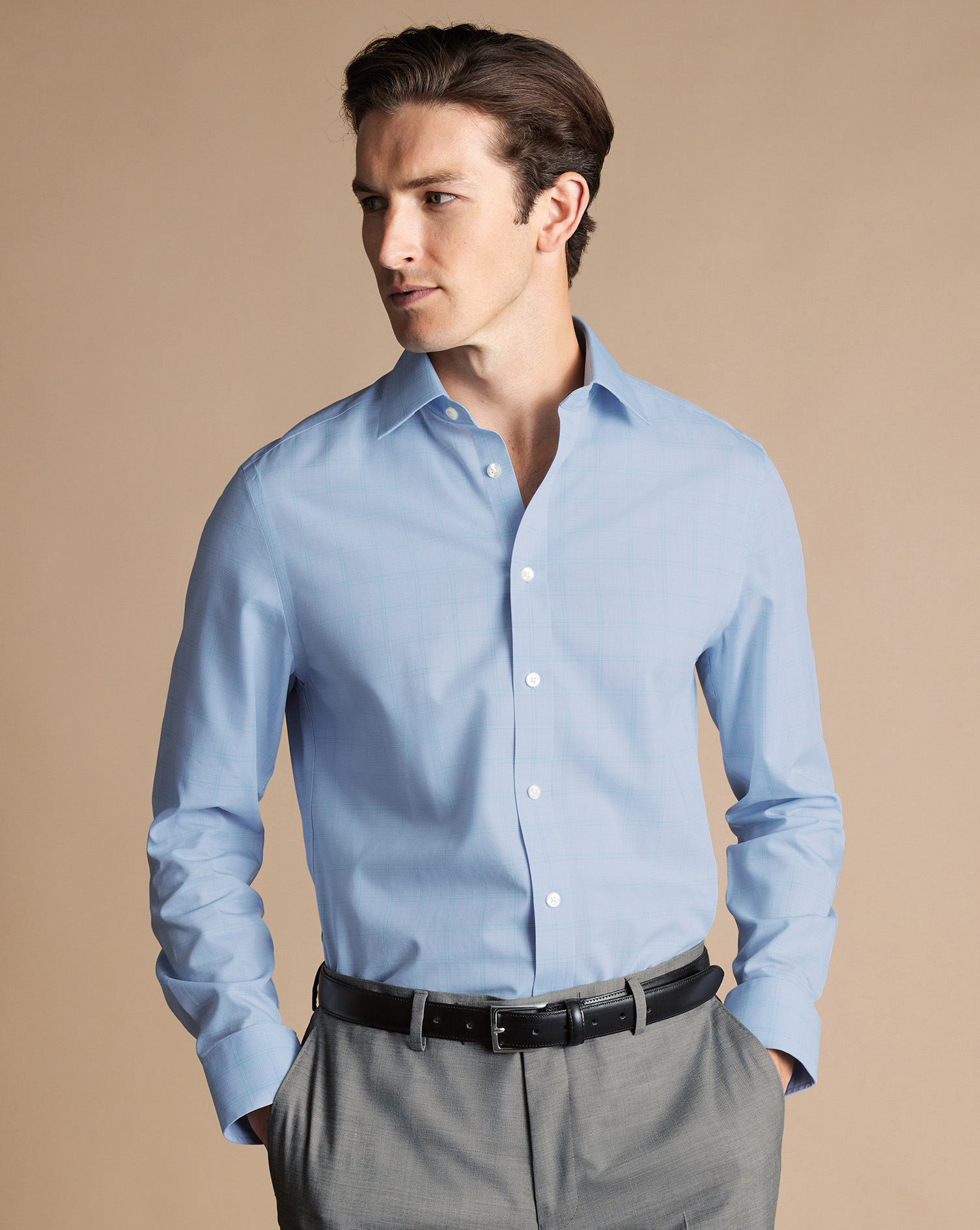 Non-Iron Prince Of Wales Poplin Shirt - Light Blue