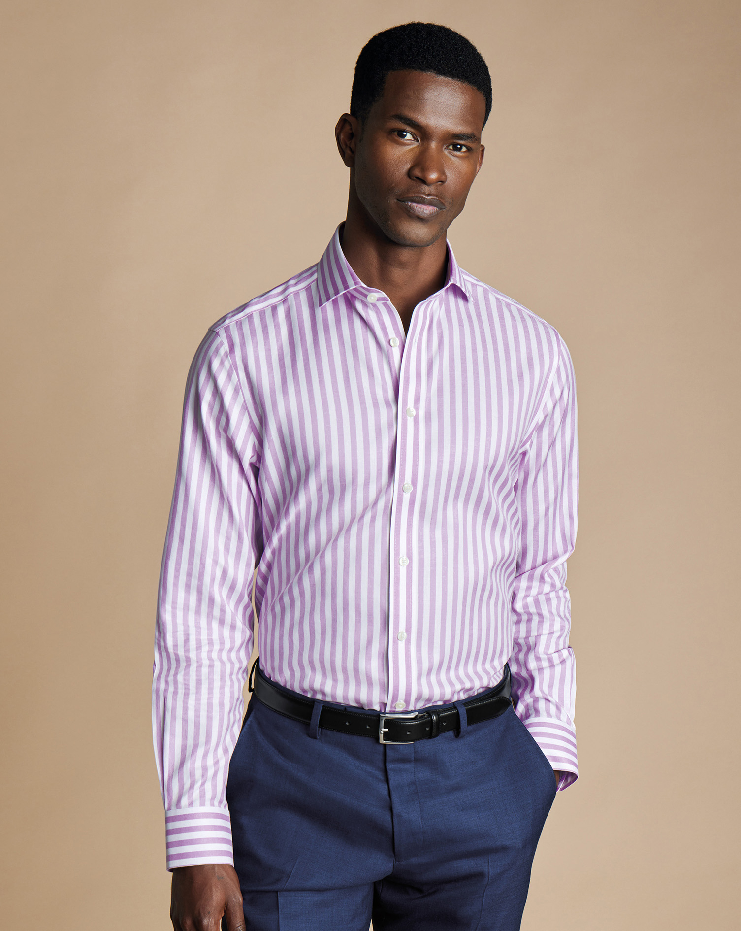 Cutaway Collar Non-Iron Twill Wide Stripe Shirt - Lilac Purple