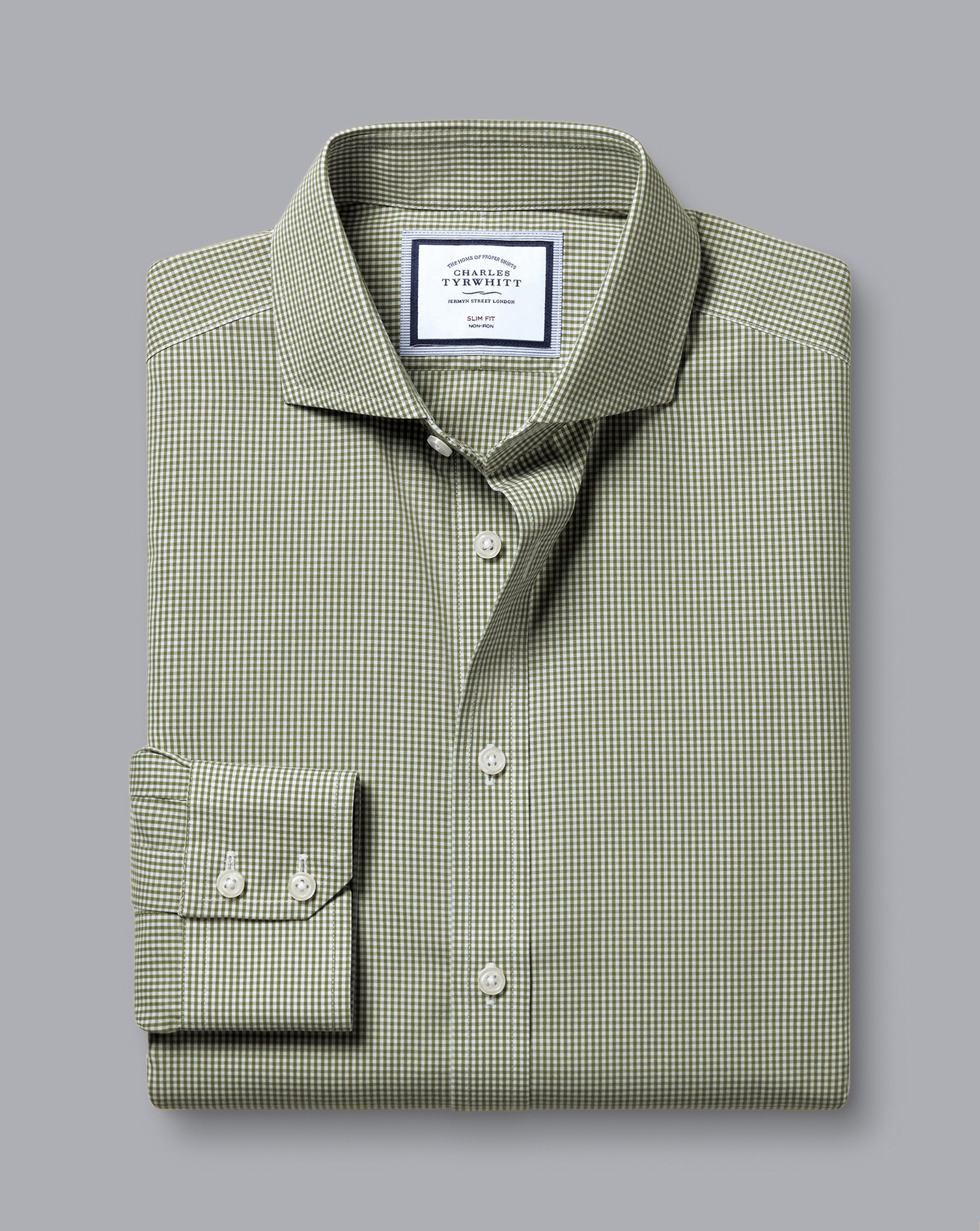 Cutaway Collar Non-Iron Mini Gingham Check Shirt - Olive Green