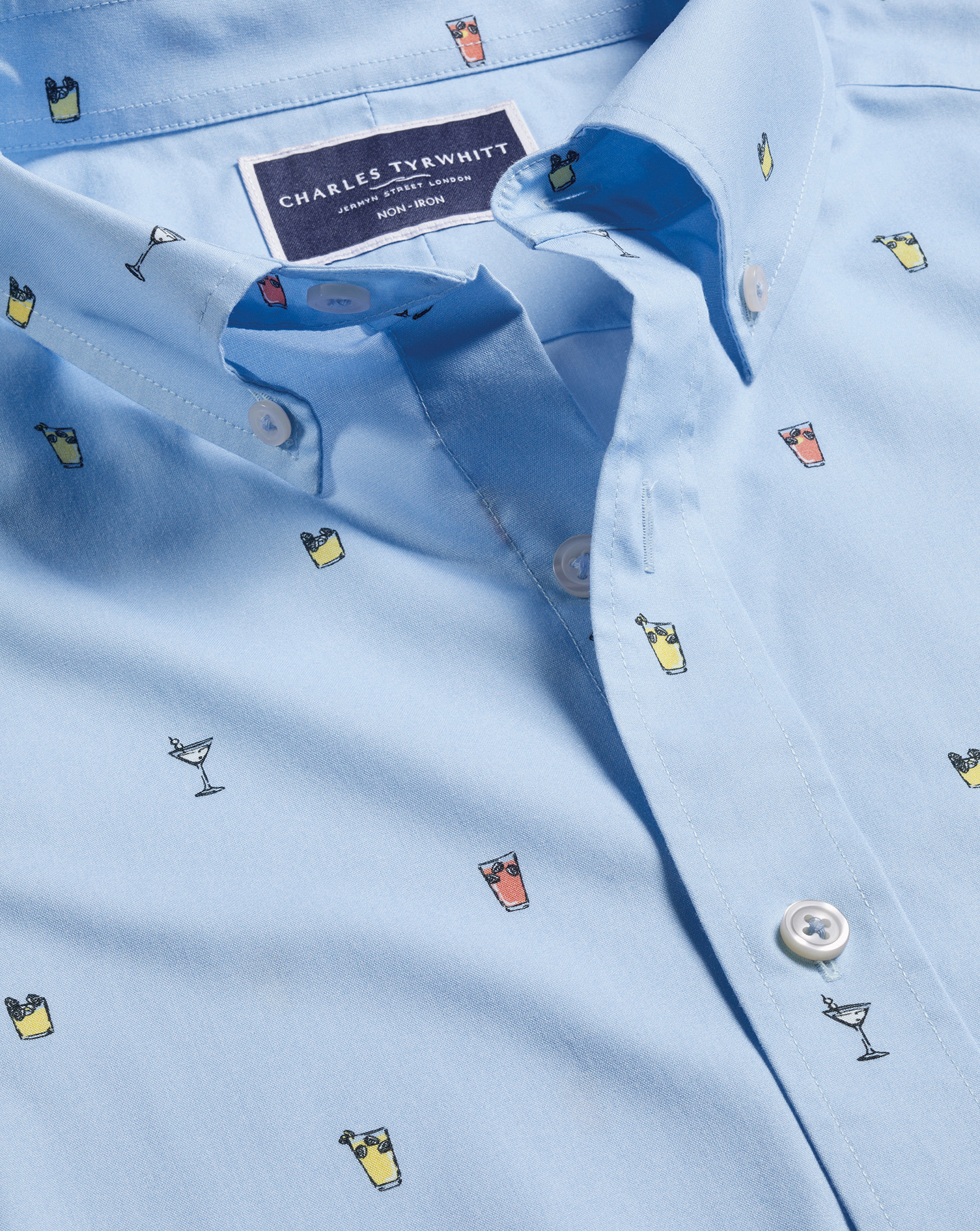 Non-Iron Cocktail Print Short Sleeve Shirt - Sky Blue