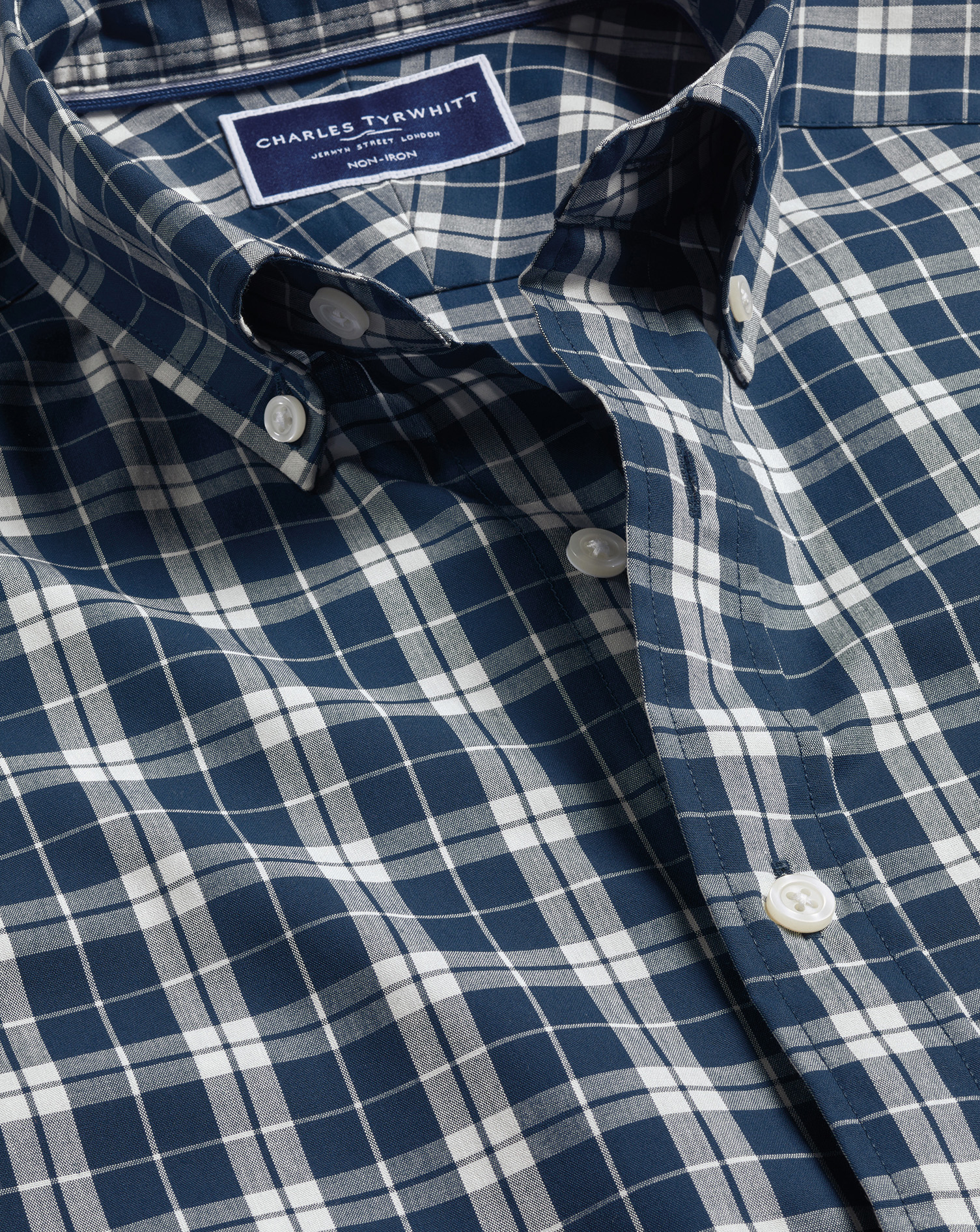 Button-Down Collar Non-Iron Stretch Poplin Check Shirt - Blue