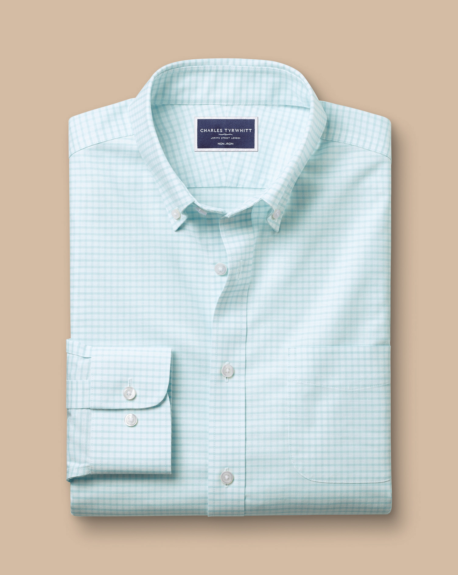 Button-Down Collar Non-Iron Stretch Check Oxford Shirt - Aqua Green