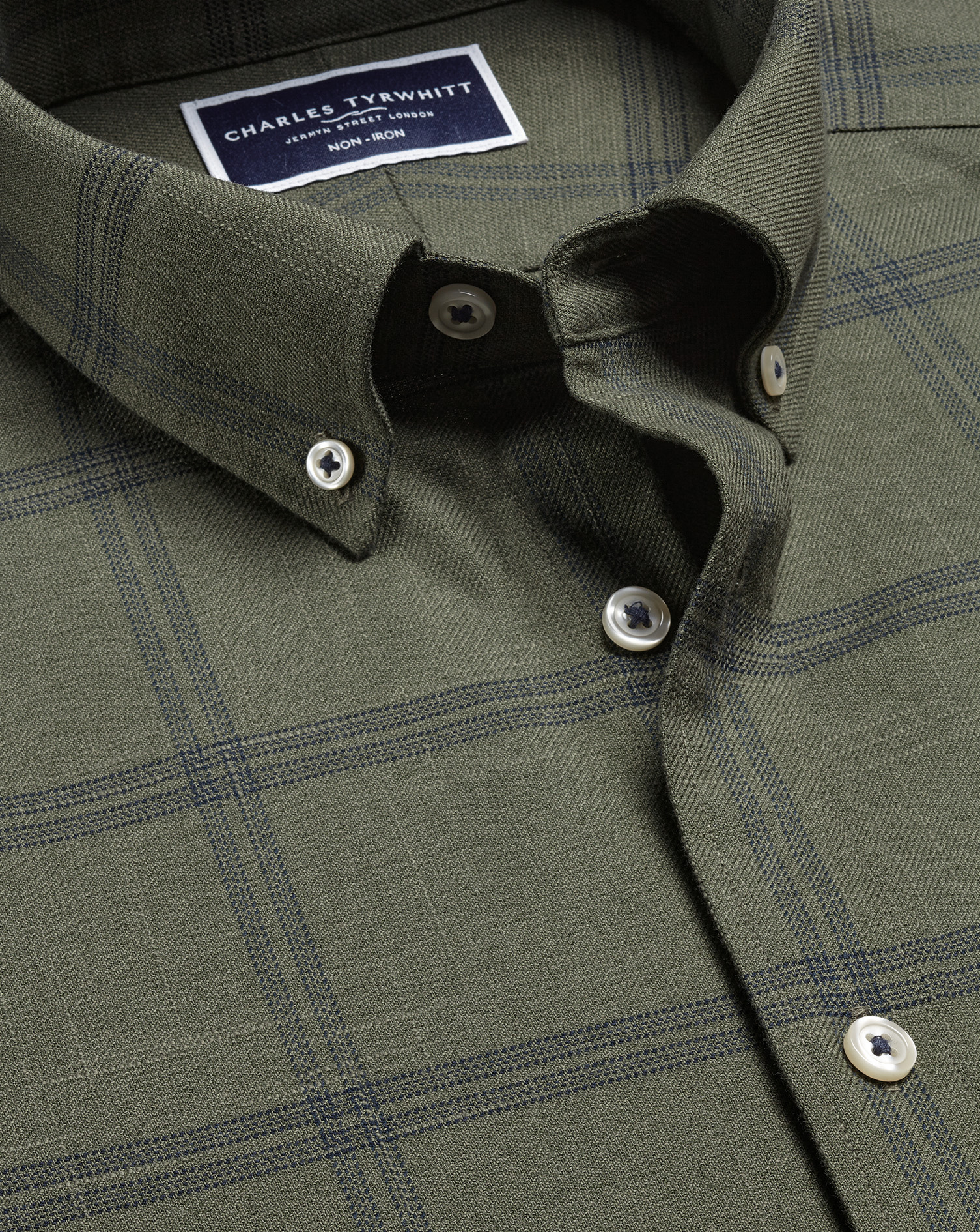 Button-Down Collar Non-Iron Twill Large Grid Check Shirt - Olive Green