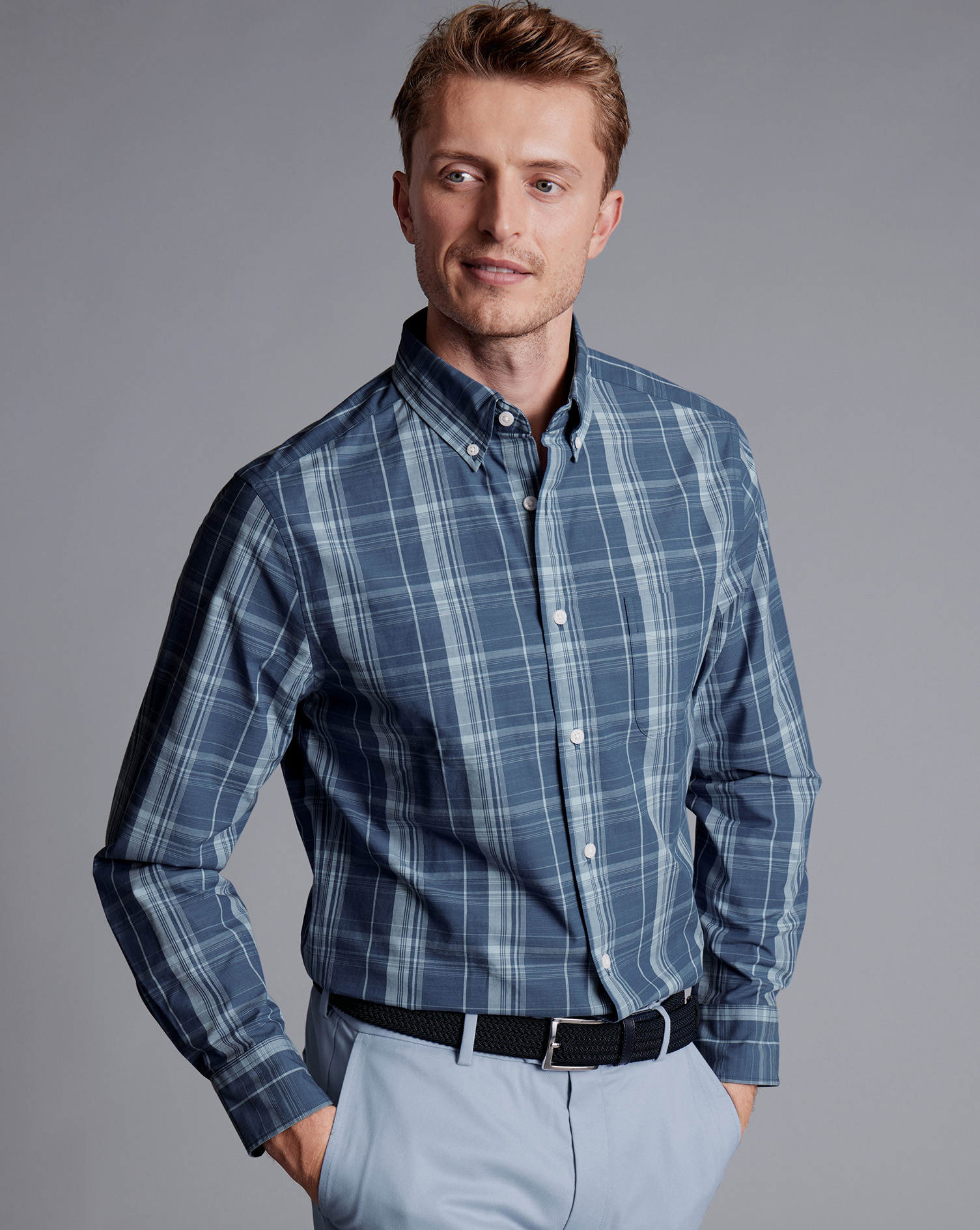 Button-Down Collar Non-Iron Stretch Poplin Slub Check Shirt - Steel Blue