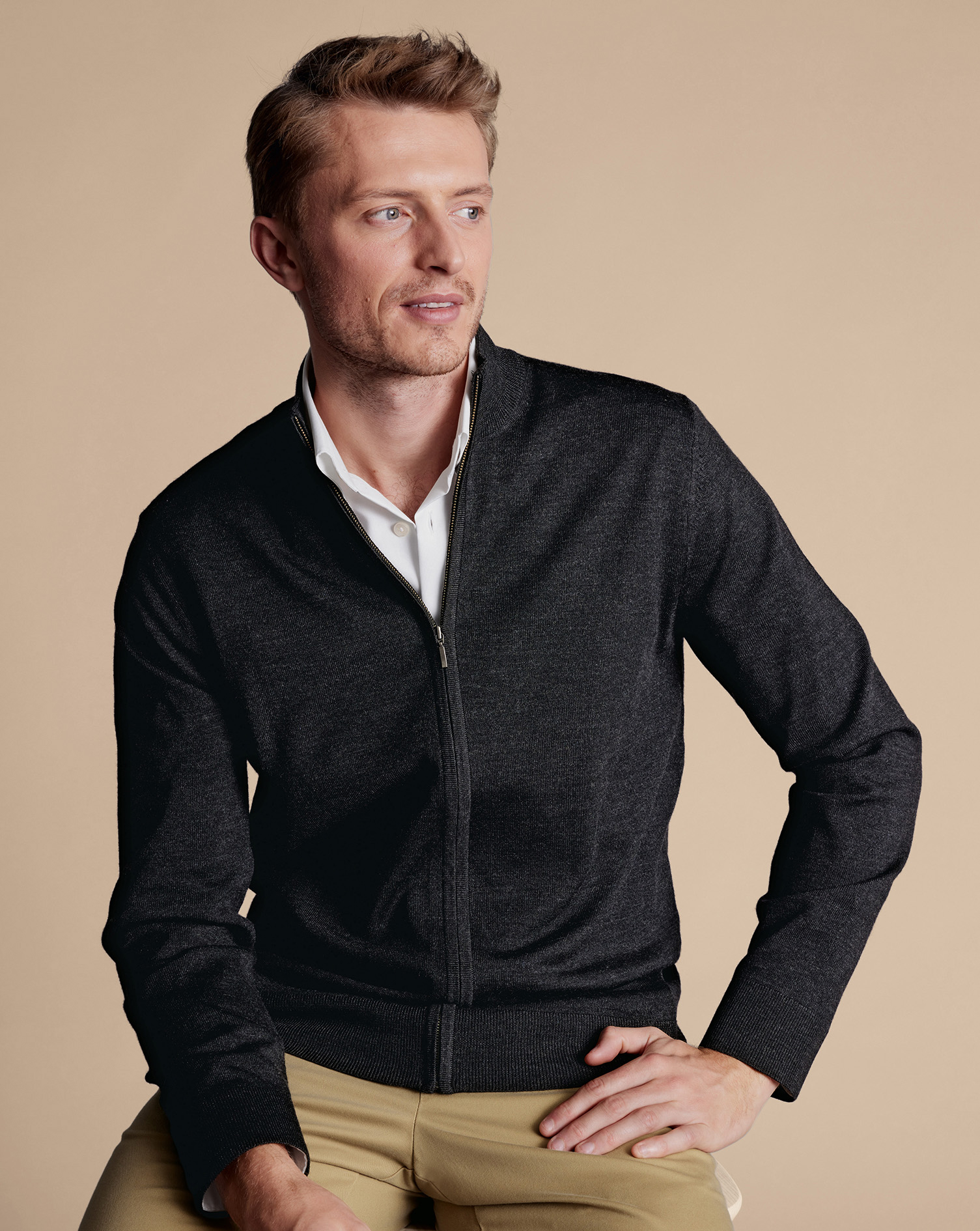 Pure Merino Full Zip-Through Cardigan - Charcoal Grey