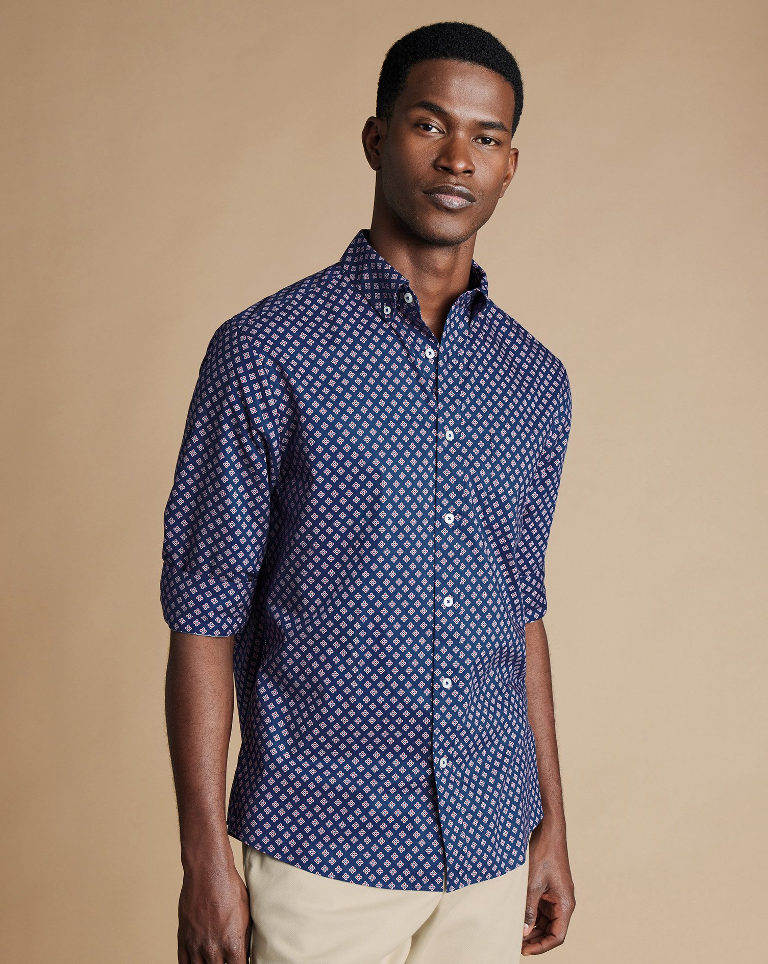 Button-Down Collar Non-Iron Stretch Diamond Print Shirt - Indigo Blue