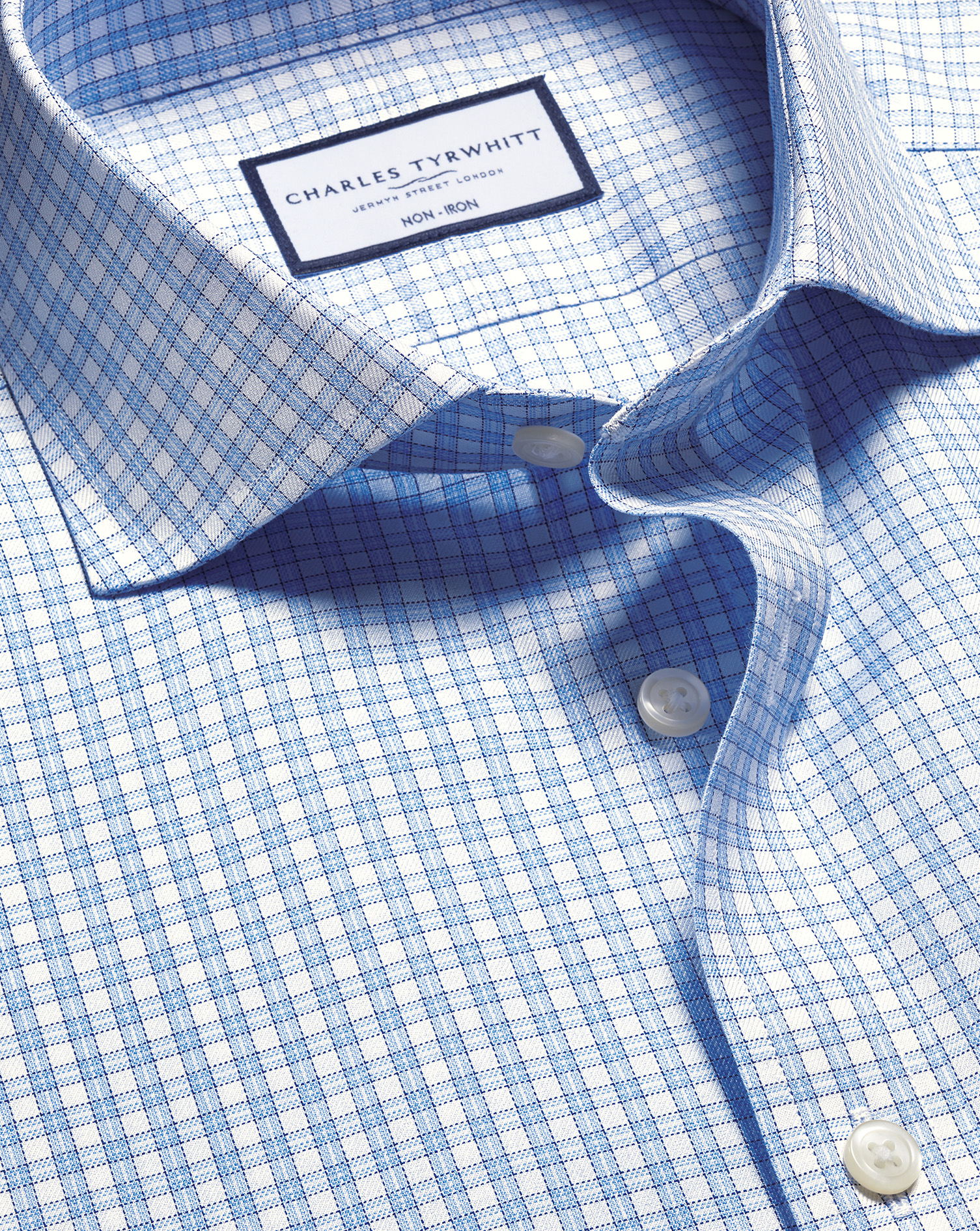 Charles Tyrwhitt Bügelfreies Twill-Hemd mit Karos - Kornblumenblau Knopfmanschette